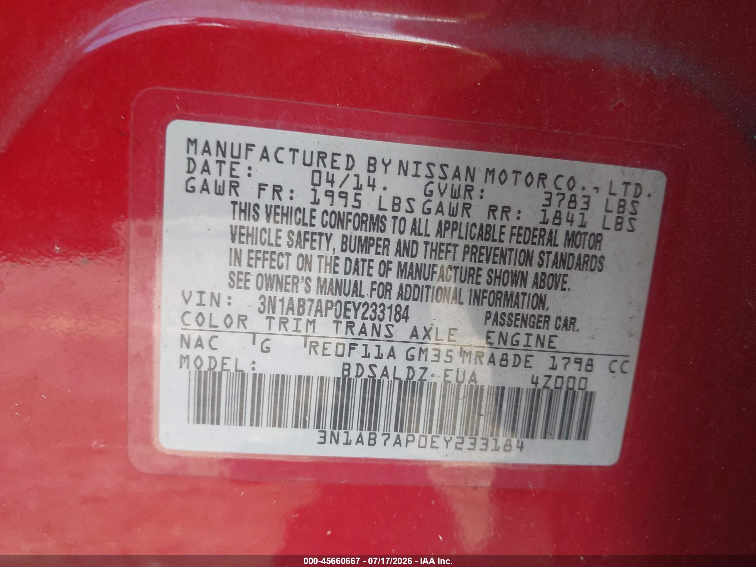 2014 Nissan Sentra Fe+ S/fe+ Sv/s/sl/sr/sv Red vin: 3N1AB7AP0EY233184