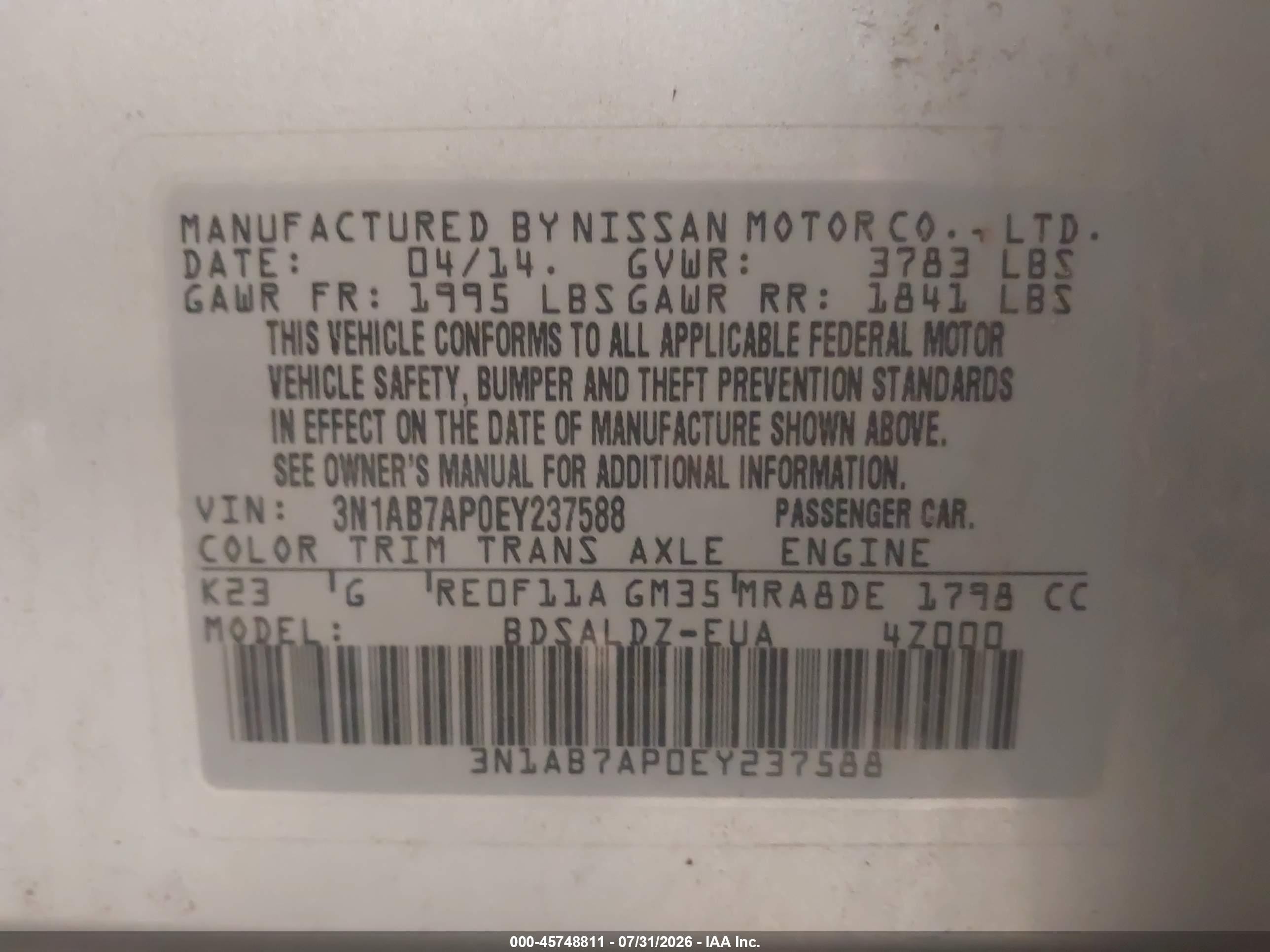2014 Nissan Sentra Fe+ S/fe+ Sv/s/sl/sr/sv Silver vin: 3N1AB7AP0EY237588