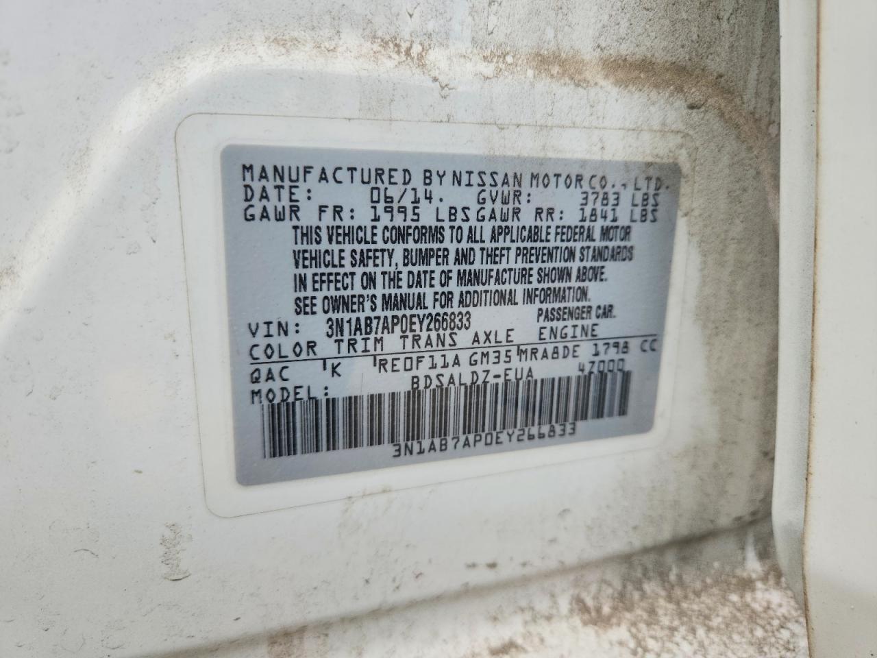 2014 Nissan Sentra S White vin: 3N1AB7AP0EY266833
