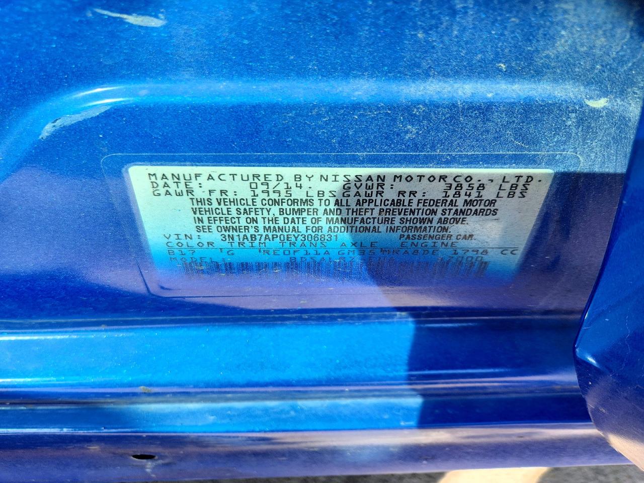 2014 Nissan Sentra Sr Blue vin: 3N1AB7AP0EY306831
