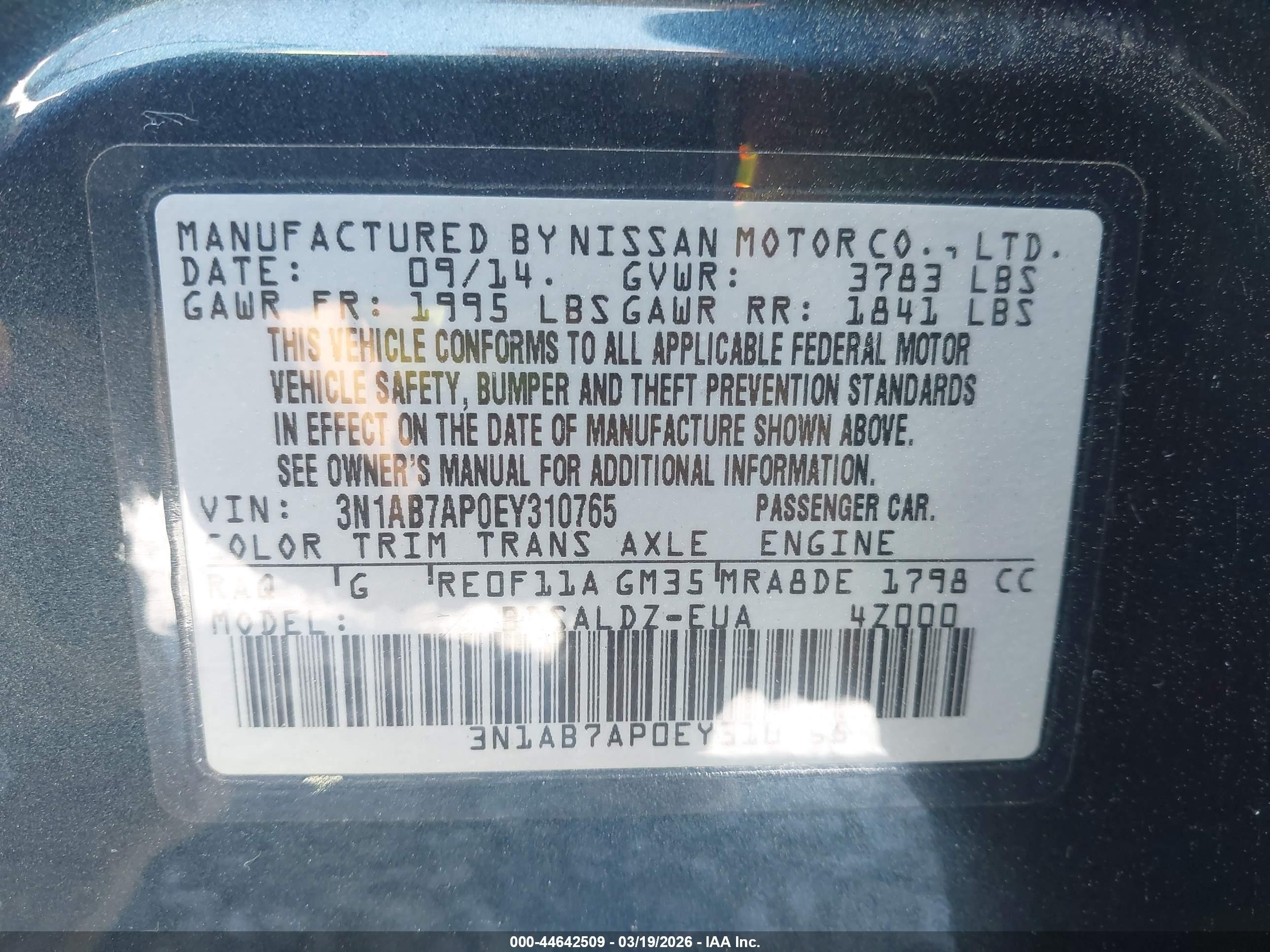 2014 Nissan Sentra Sv Blue vin: 3N1AB7AP0EY310765
