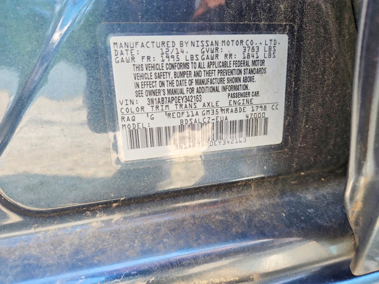 2014 Nissan Sentra S Blue vin: 3N1AB7AP0EY342163