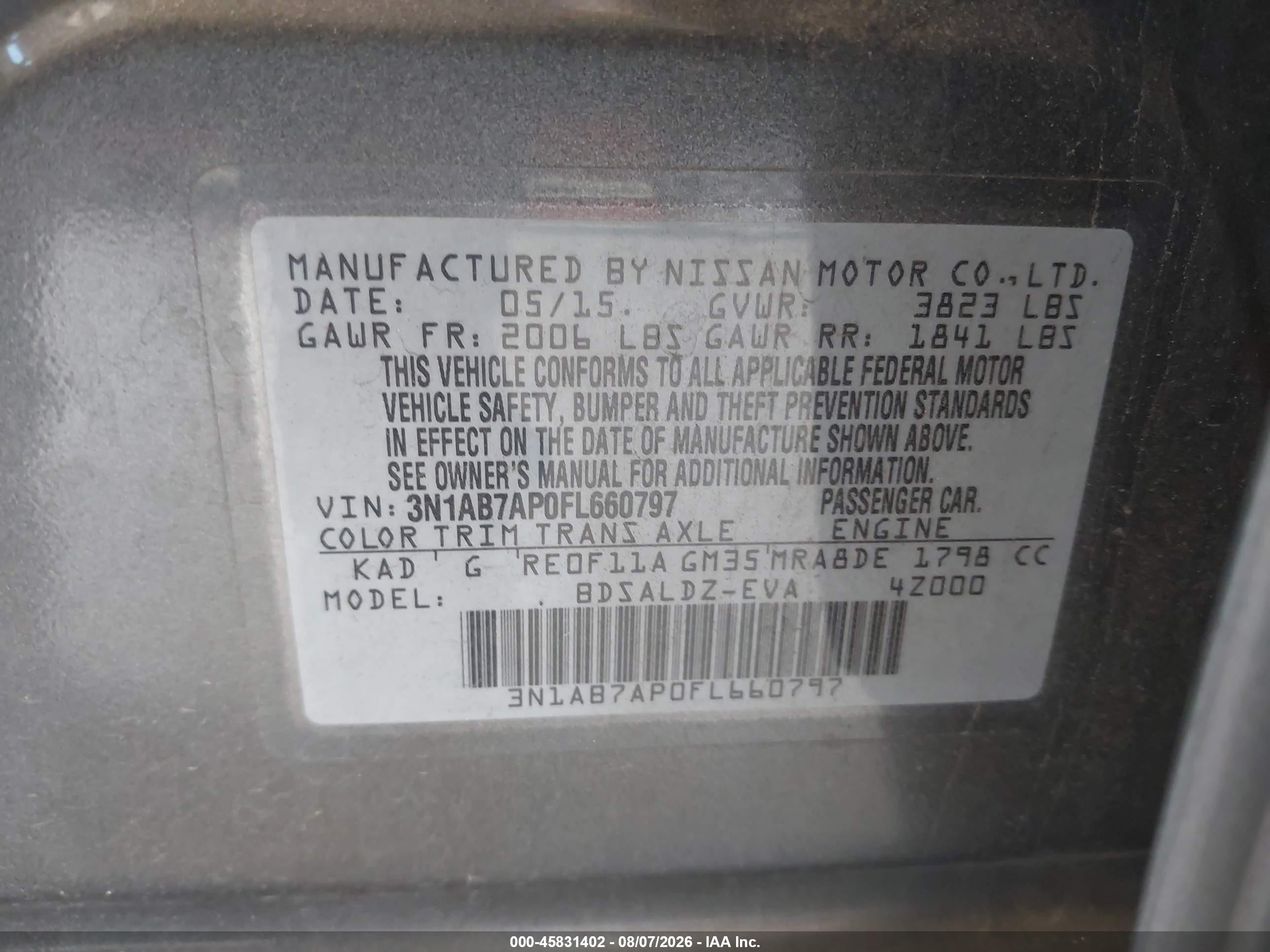 2015 Nissan Sentra Fe+ S/s/sl/sr/sv Gray vin: 3N1AB7AP0FL660797