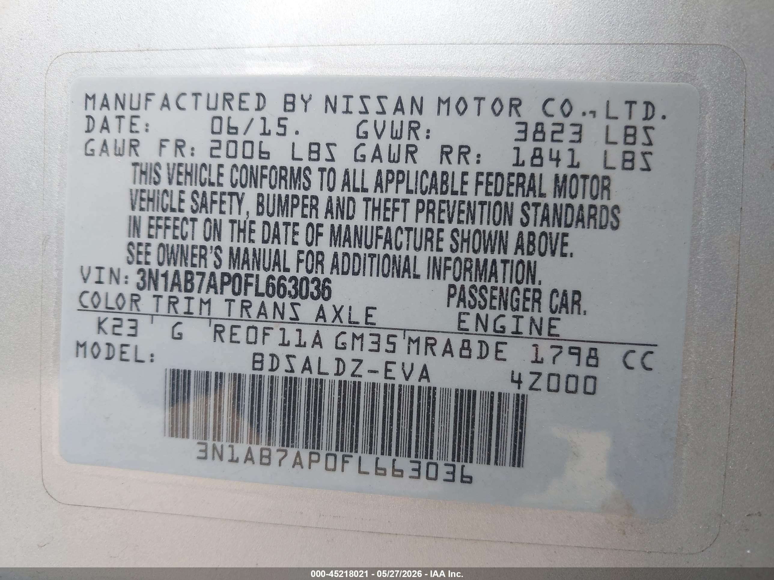 2015 Nissan Sentra Fe+ S/s/sl/sr/sv Silver vin: 3N1AB7AP0FL663036