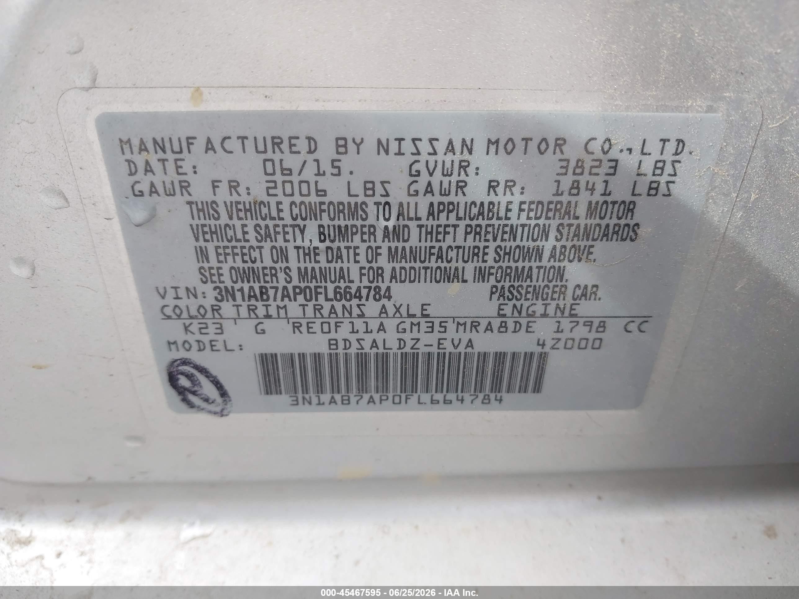 2015 Nissan Sentra Fe+ S/s/sl/sr/sv Silver vin: 3N1AB7AP0FL664784