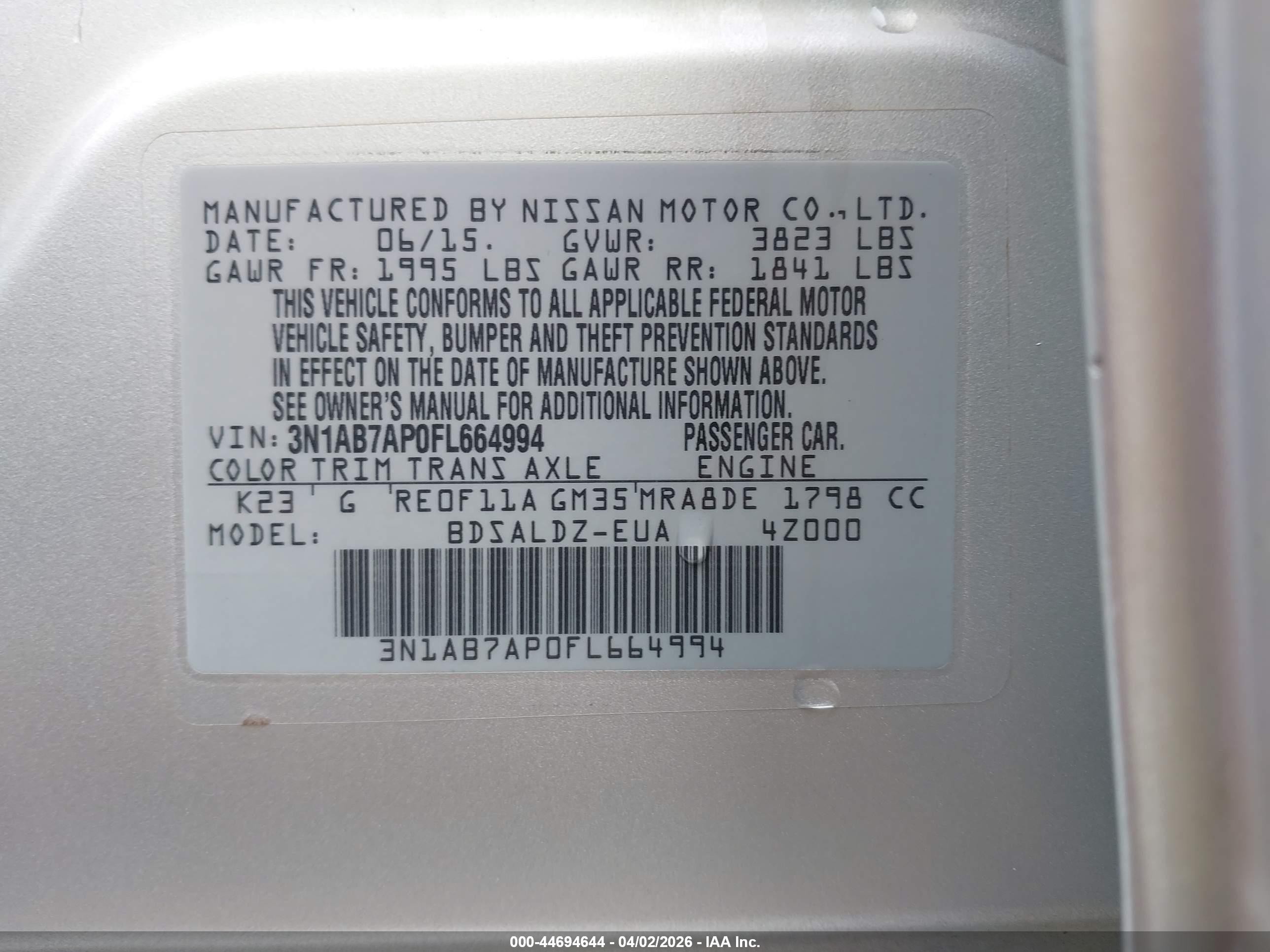 2015 Nissan Sentra Fe+ S/s/sl/sr/sv Silver vin: 3N1AB7AP0FL664994