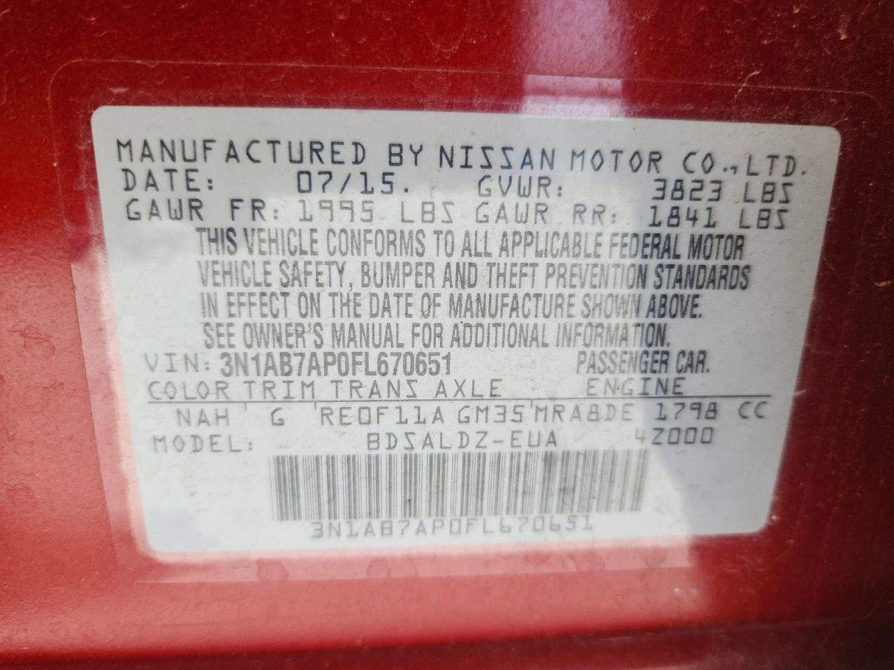 2015 Nissan Sentra S Red vin: 3N1AB7AP0FL670651