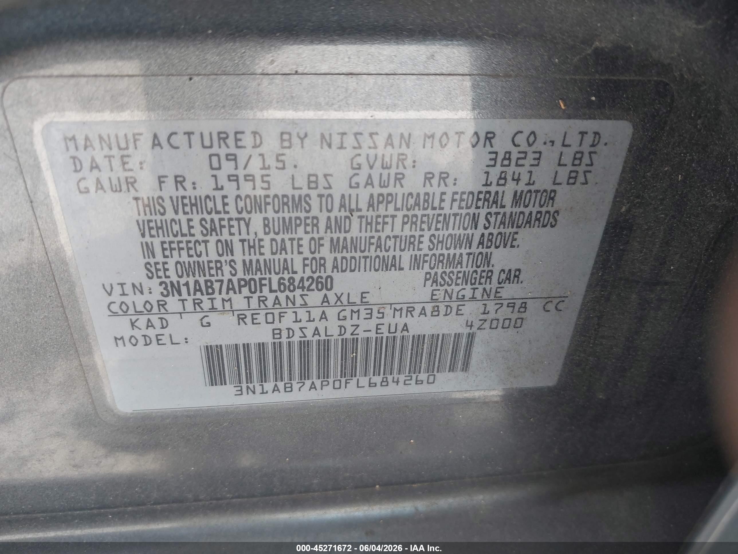2015 Nissan Sentra Sv Gray vin: 3N1AB7AP0FL684260