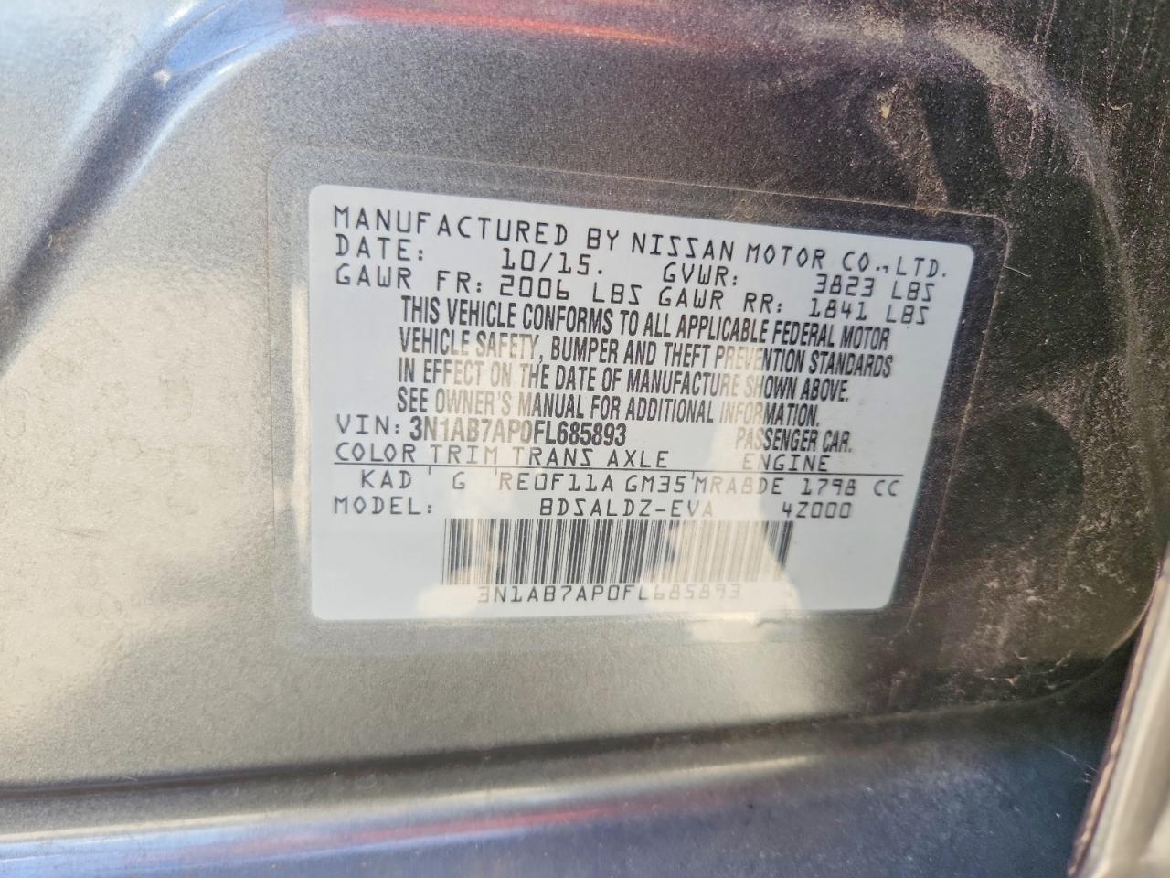2015 Nissan Sentra Sv Gray vin: 3N1AB7AP0FL685893