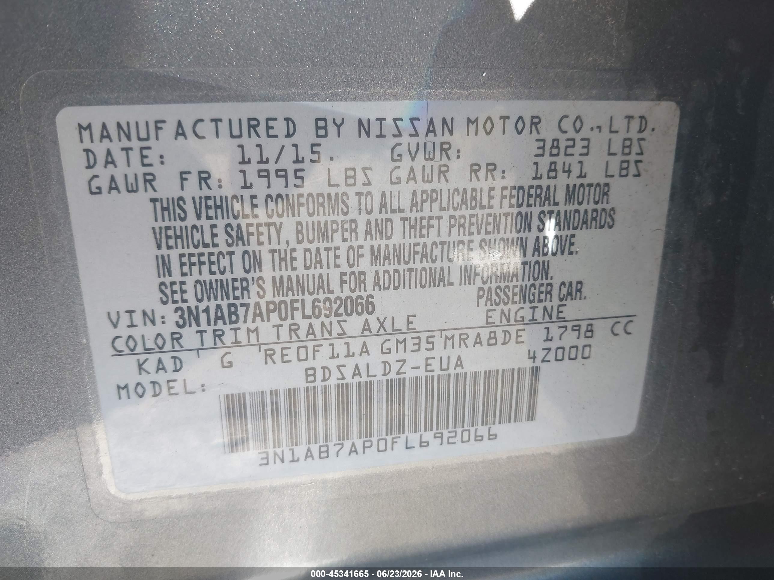 2015 Nissan Sentra Sv Gray vin: 3N1AB7AP0FL692066