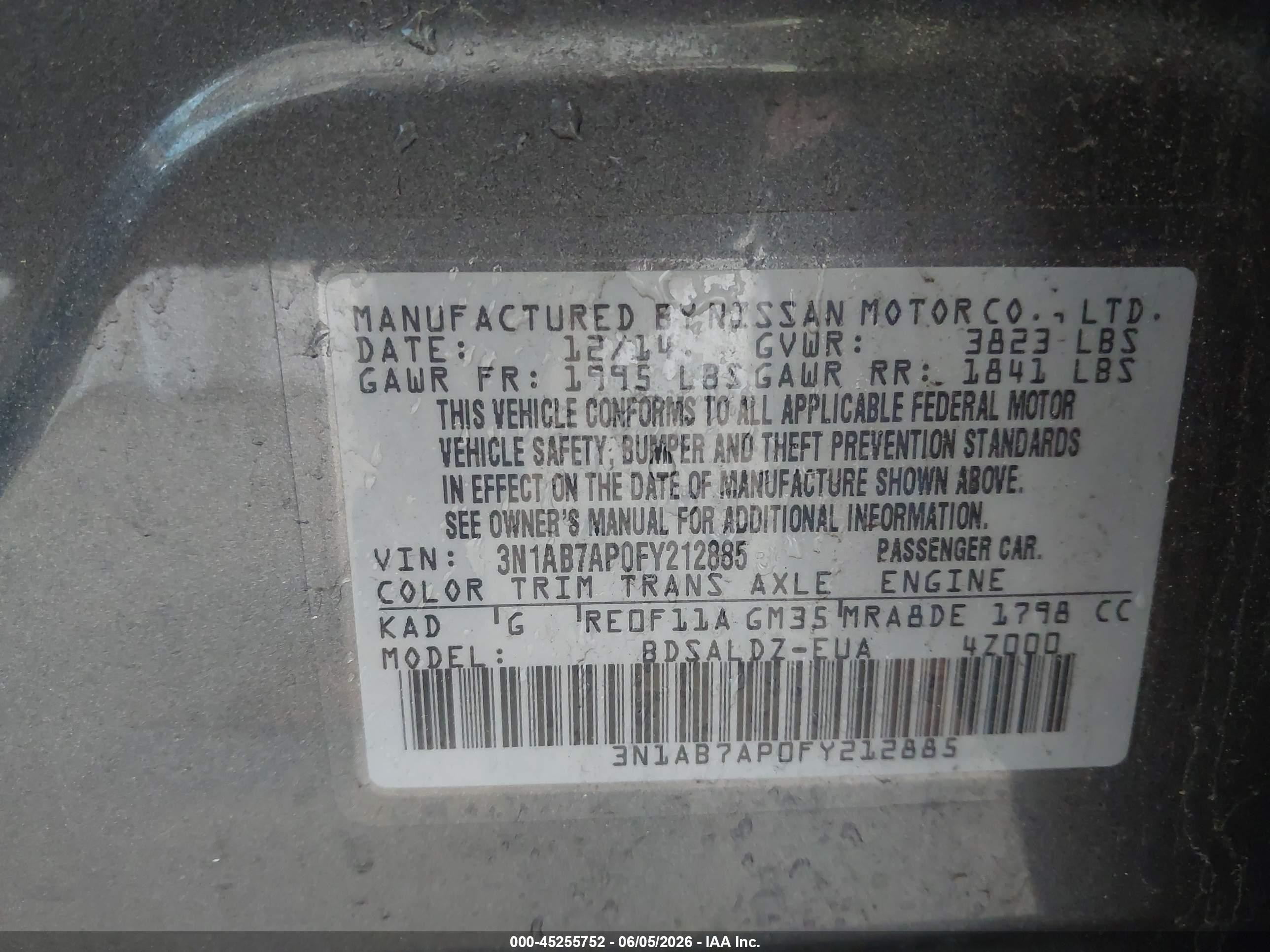 2015 Nissan Sentra Sv Серый vin: 3N1AB7AP0FY212885