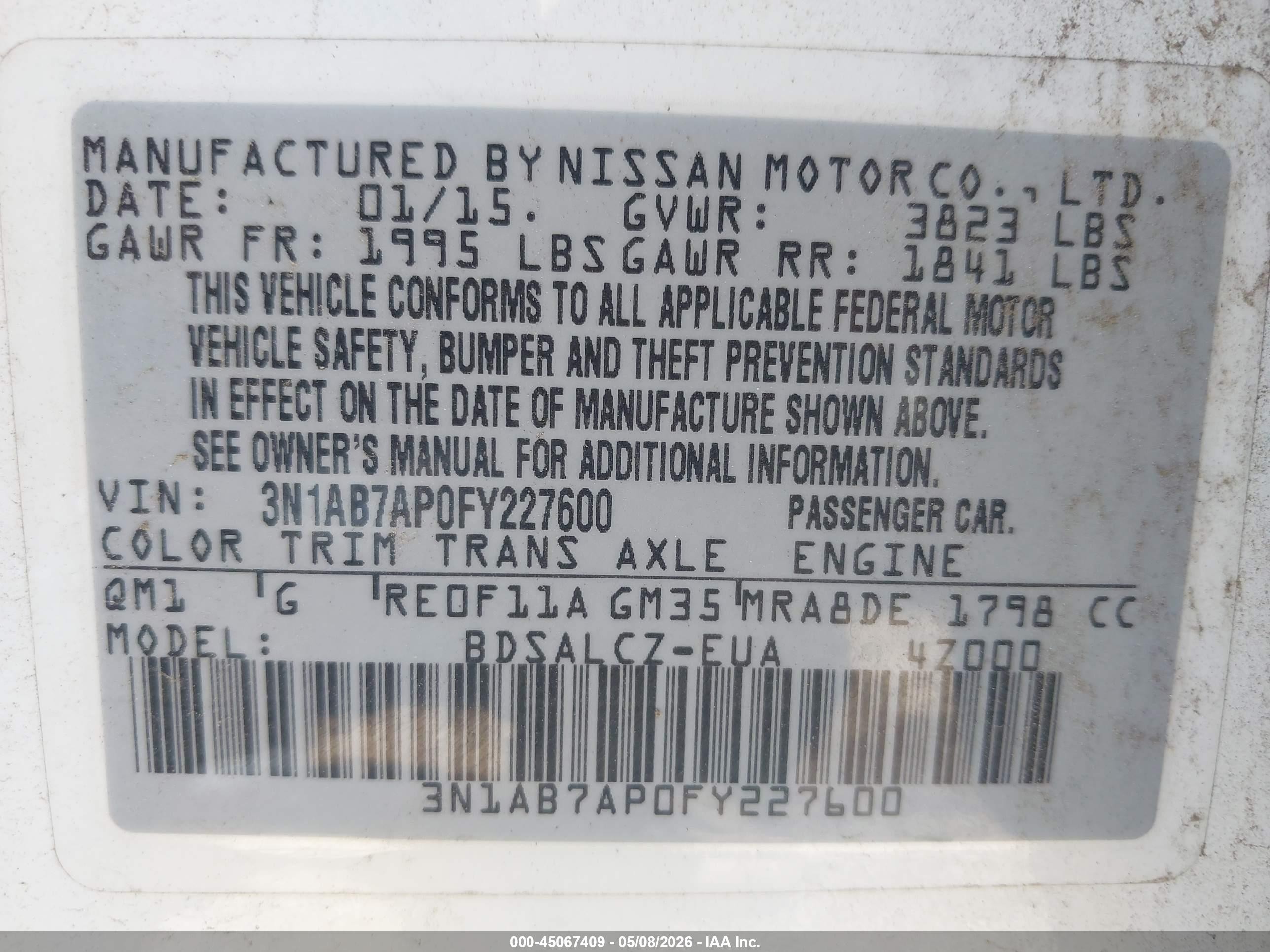 2015 Nissan Sentra S White vin: 3N1AB7AP0FY227600