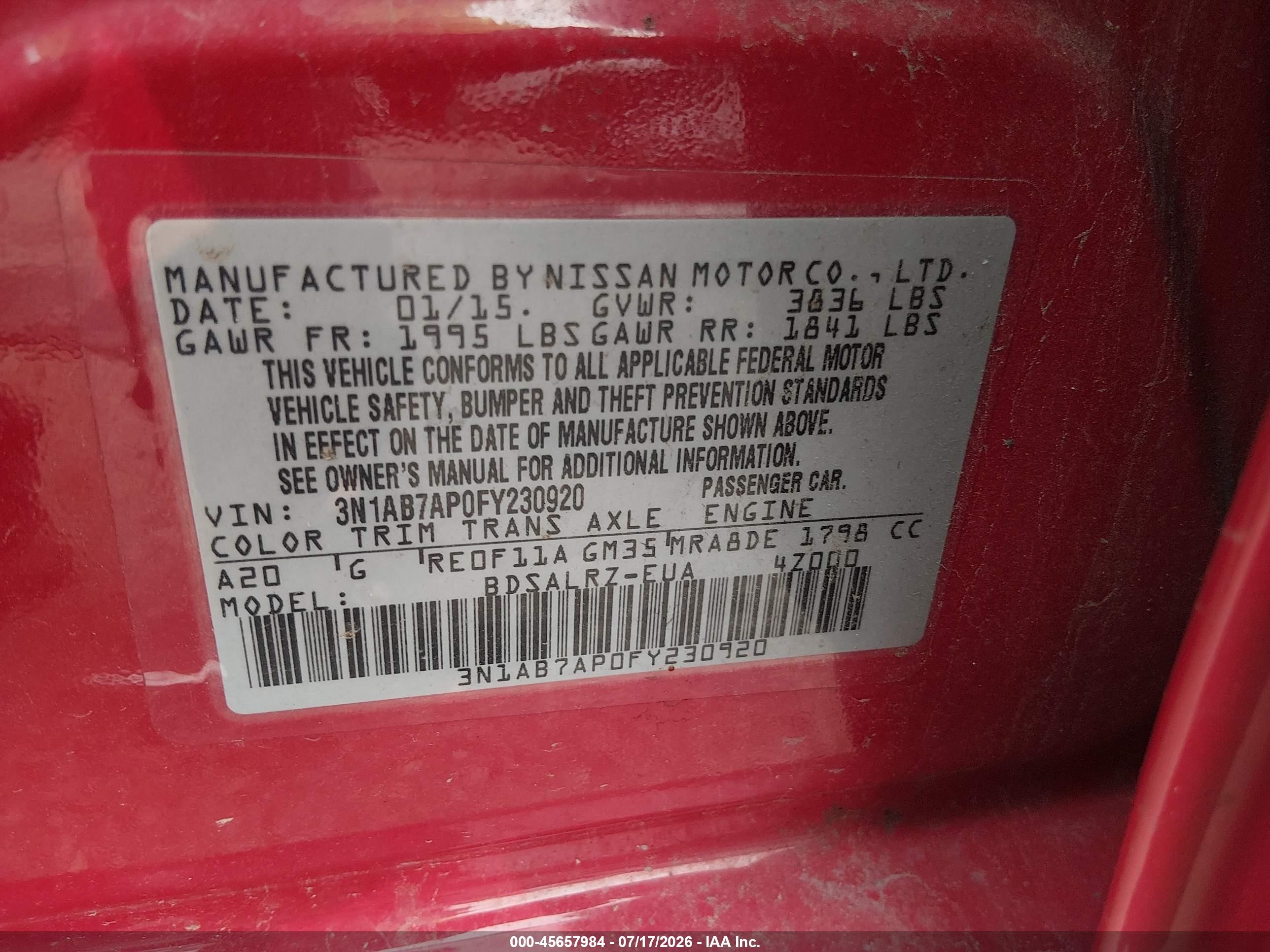 2015 Nissan Sentra Sr Red vin: 3N1AB7AP0FY230920