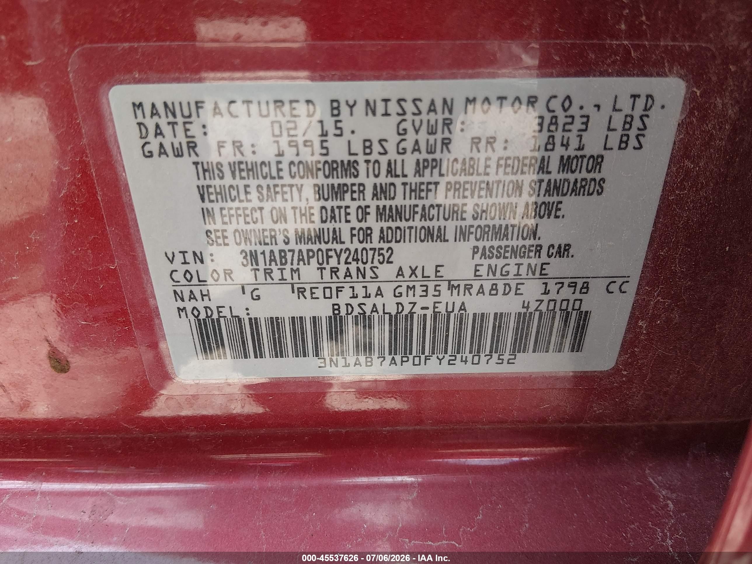 2015 Nissan Sentra Sv Red vin: 3N1AB7AP0FY240752