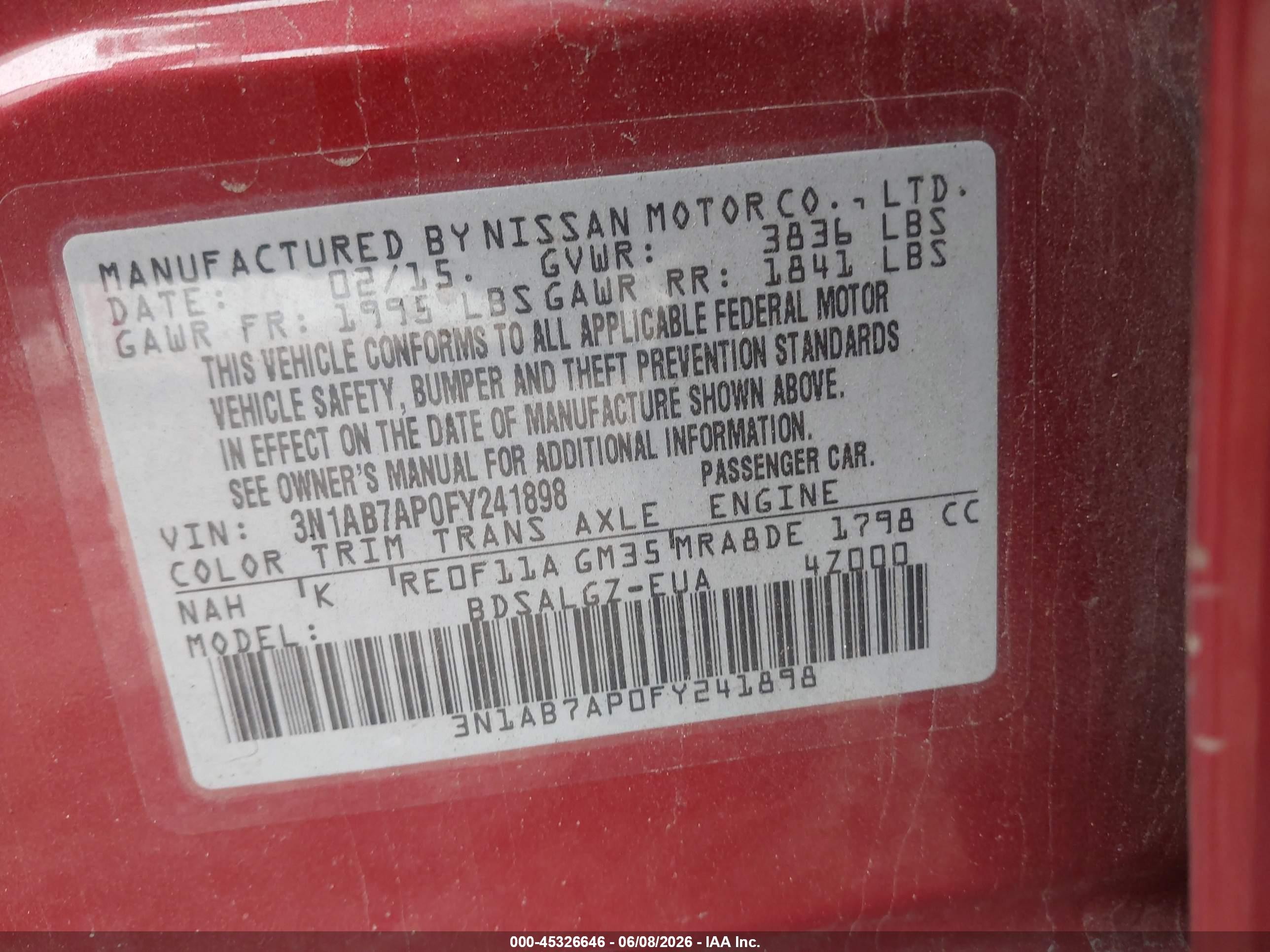 2015 Nissan Sentra Fe+ S/s/sl/sr/sv Red vin: 3N1AB7AP0FY241898