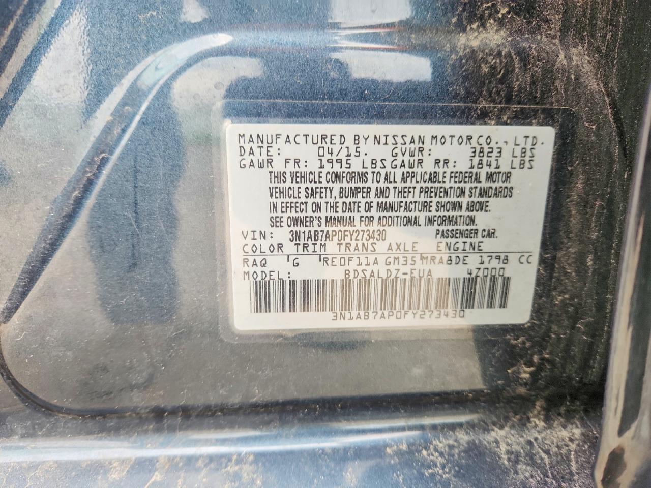 2015 Nissan Sentra Sv Teal vin: 3N1AB7AP0FY273430