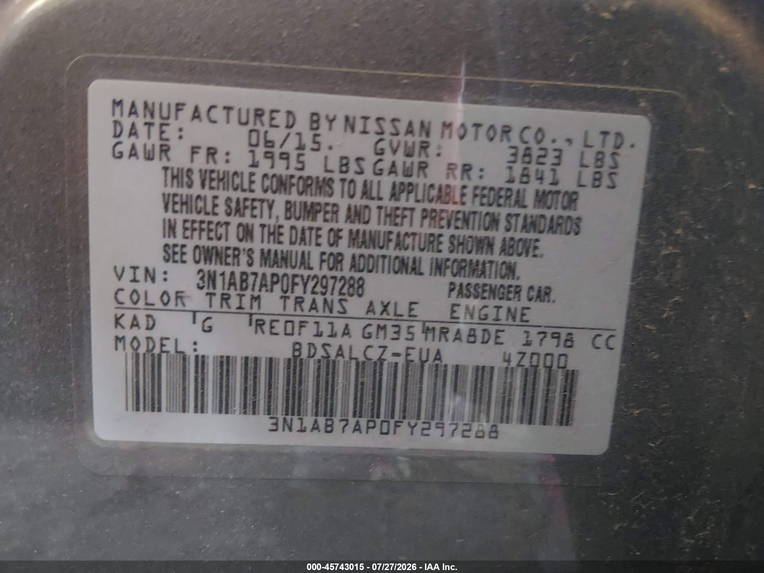 2015 Nissan Sentra S Gray vin: 3N1AB7AP0FY297288