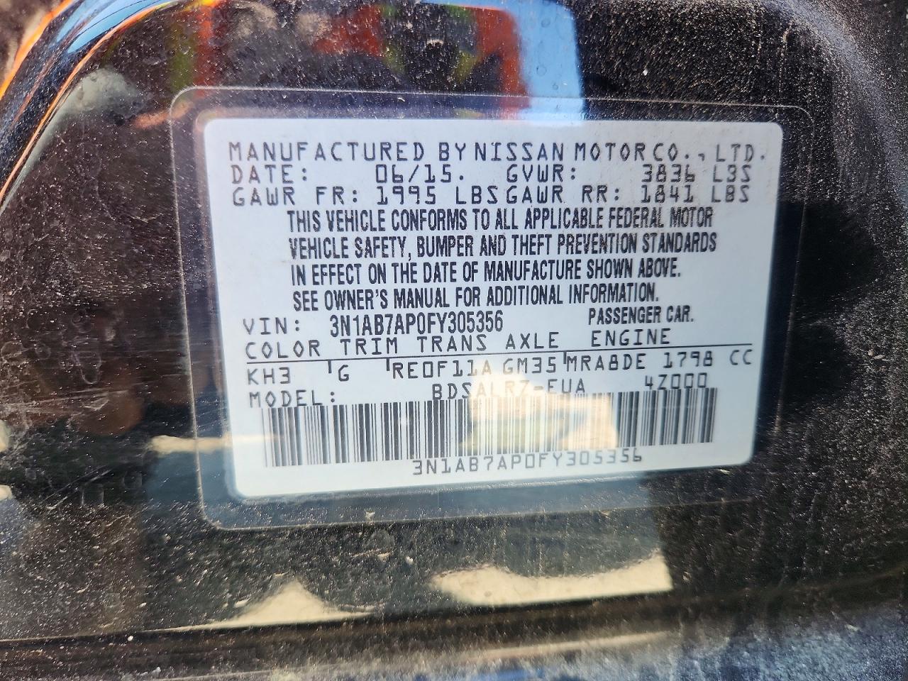 2015 Nissan Sentra Sr Black vin: 3N1AB7AP0FY305356