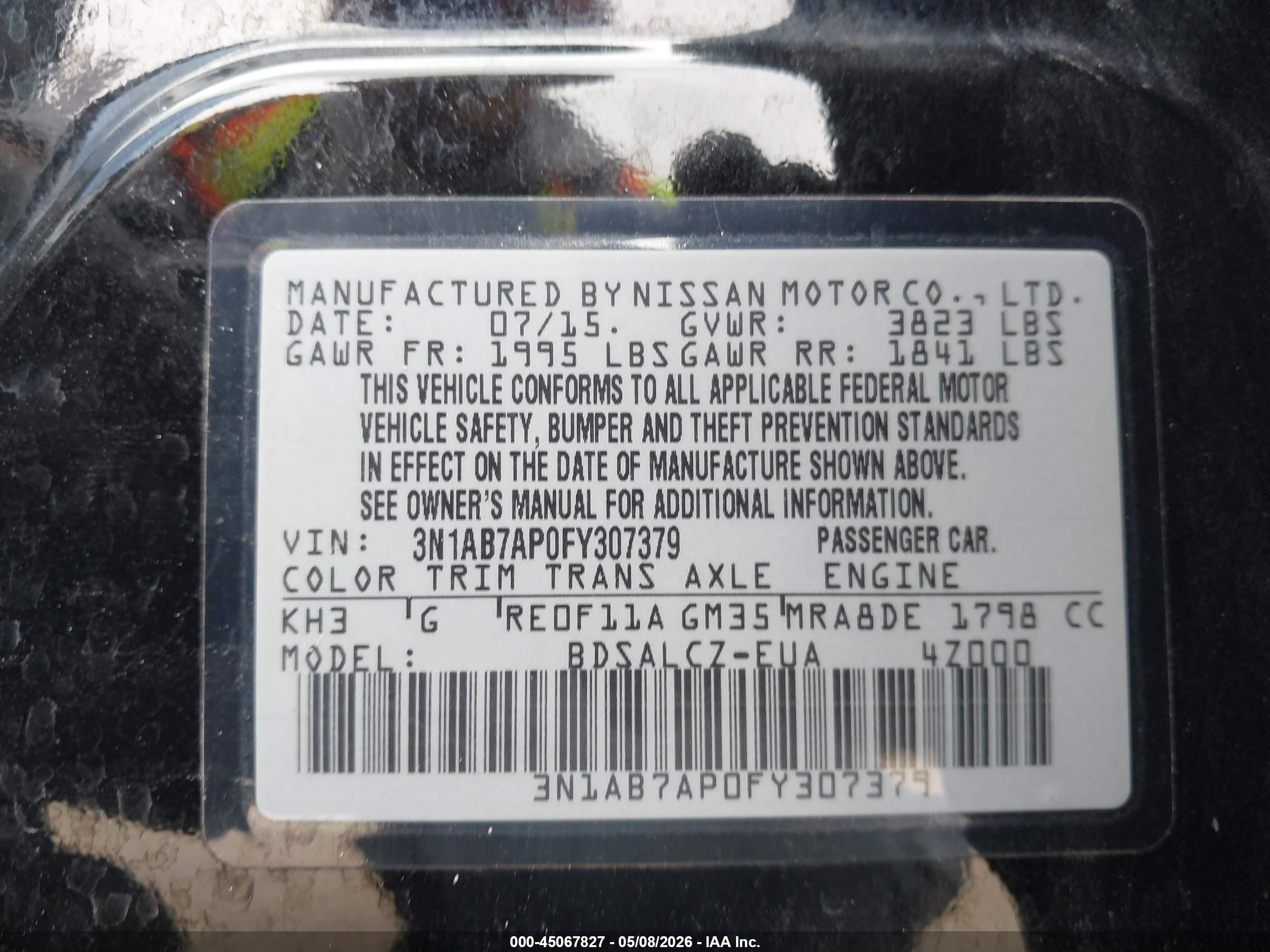 2015 Nissan Sentra S Black vin: 3N1AB7AP0FY307379