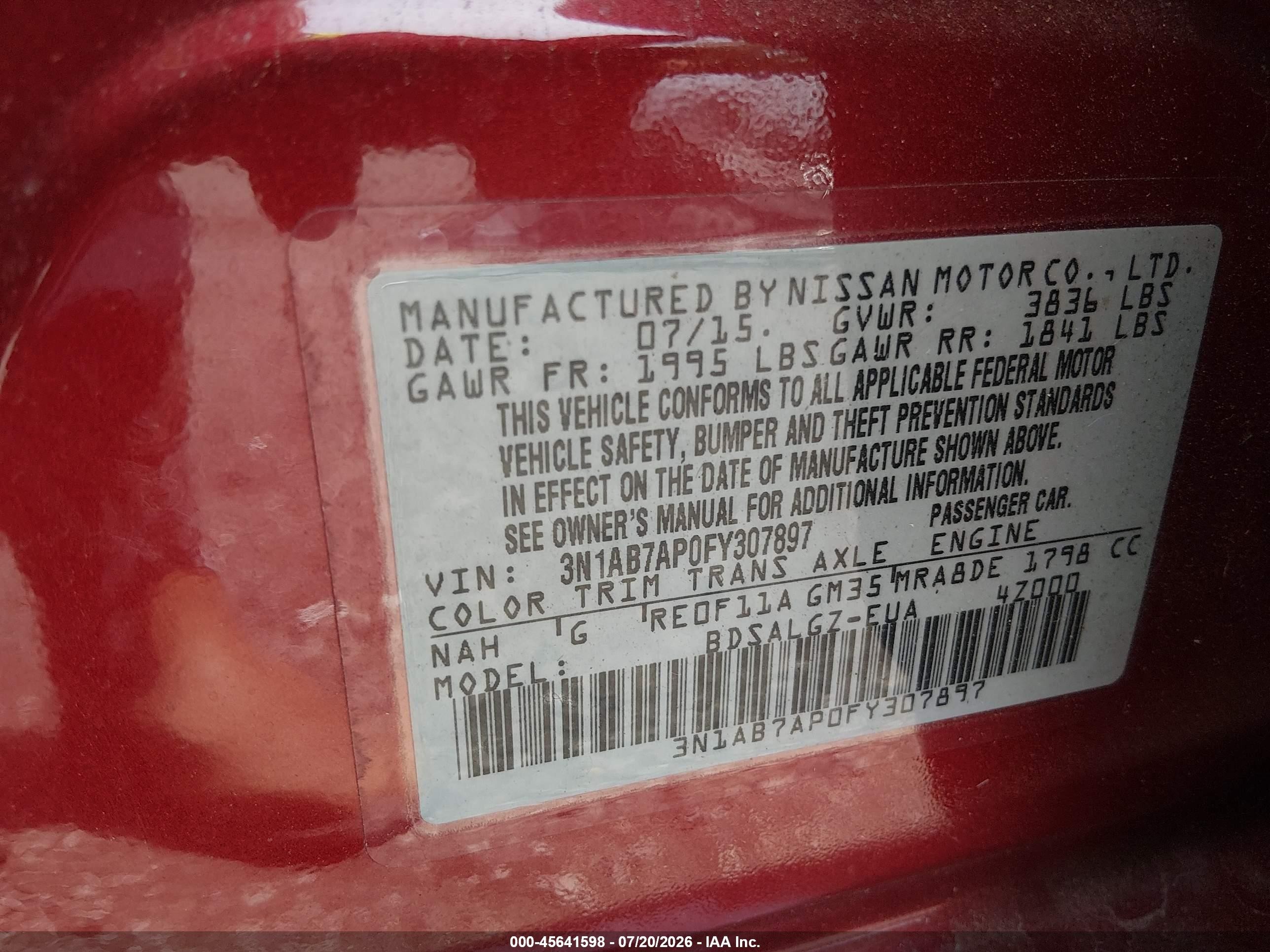 2015 Nissan Sentra Sl Red vin: 3N1AB7AP0FY307897