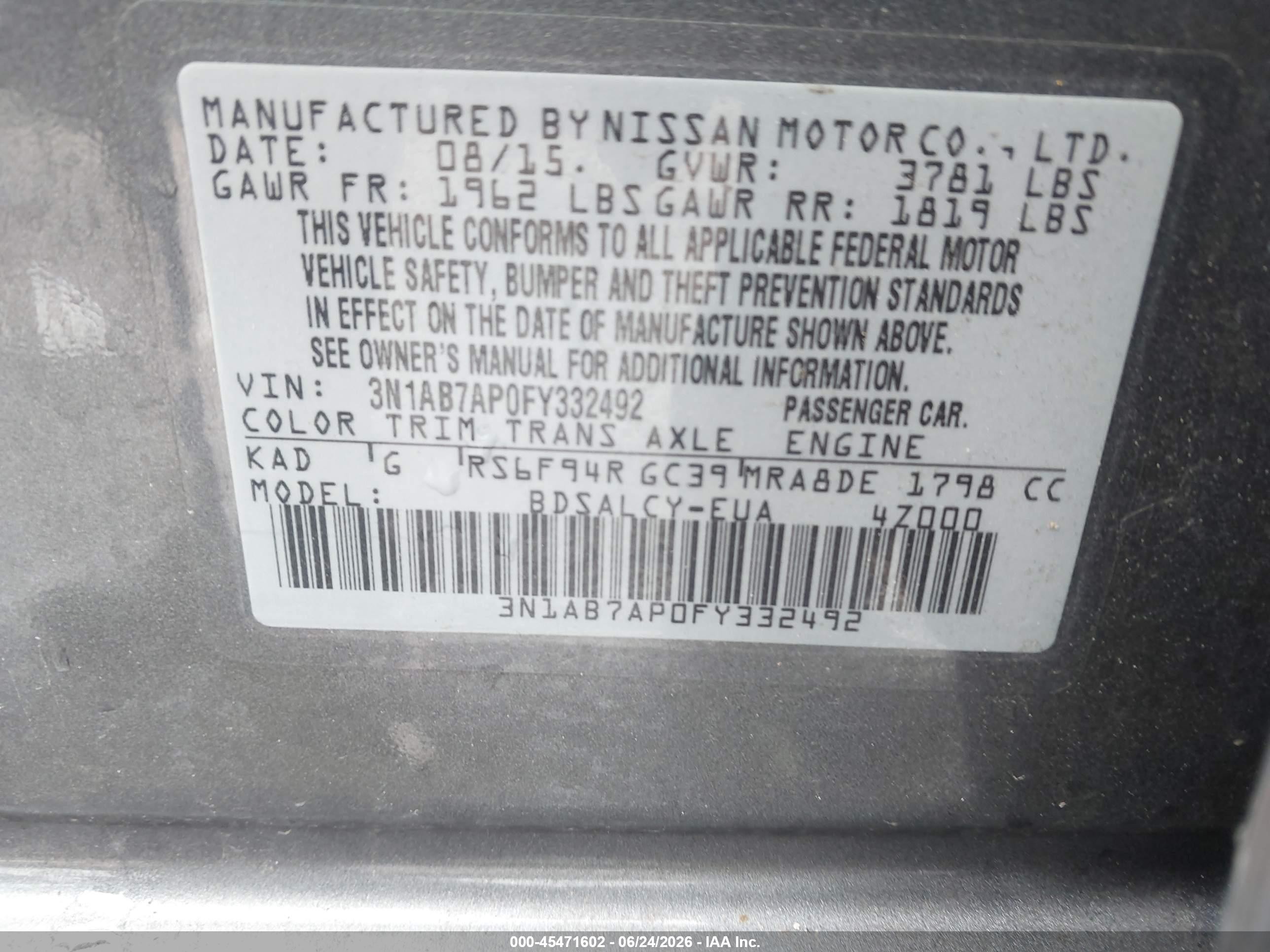 2015 Nissan Sentra S Gray vin: 3N1AB7AP0FY332492