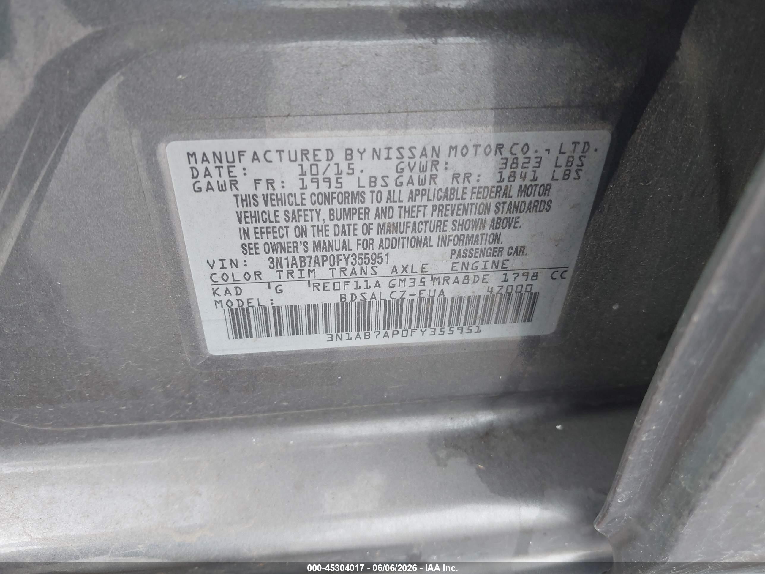 2015 Nissan Sentra S Gray vin: 3N1AB7AP0FY355951