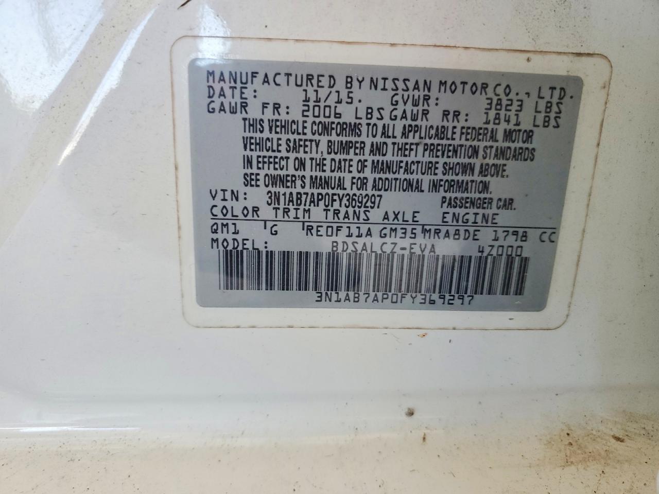 2015 Nissan Sentra S White vin: 3N1AB7AP0FY369297