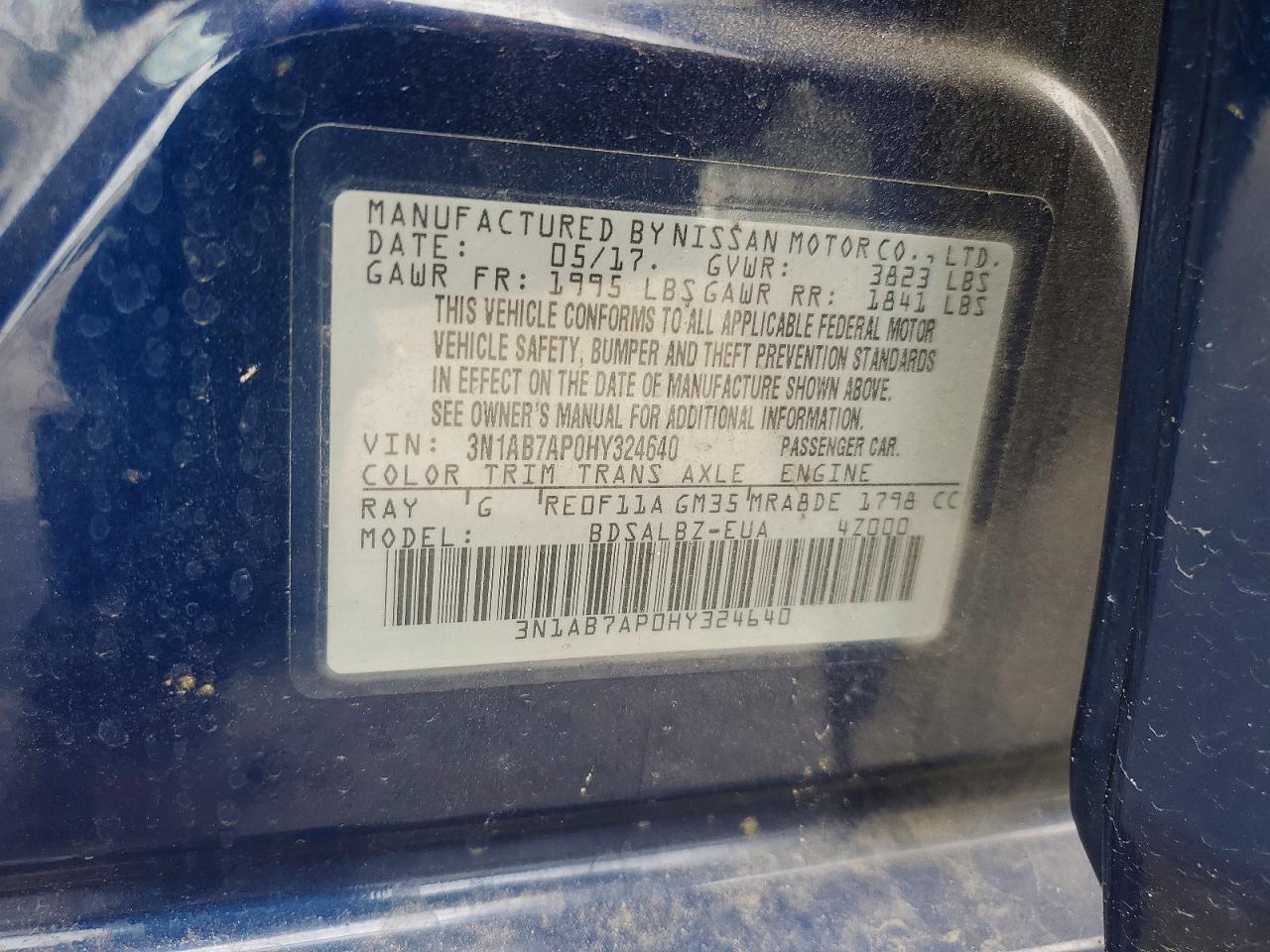 2017 Nissan Sentra S Blue vin: 3N1AB7AP0HY324640