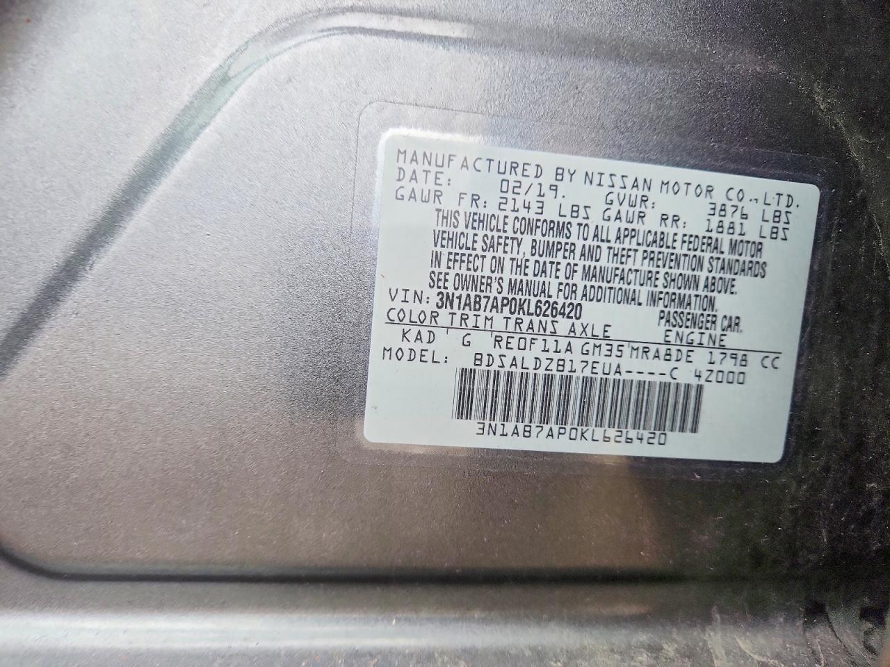 2019 Nissan Sentra Sv Gray vin: 3N1AB7AP0KL626420
