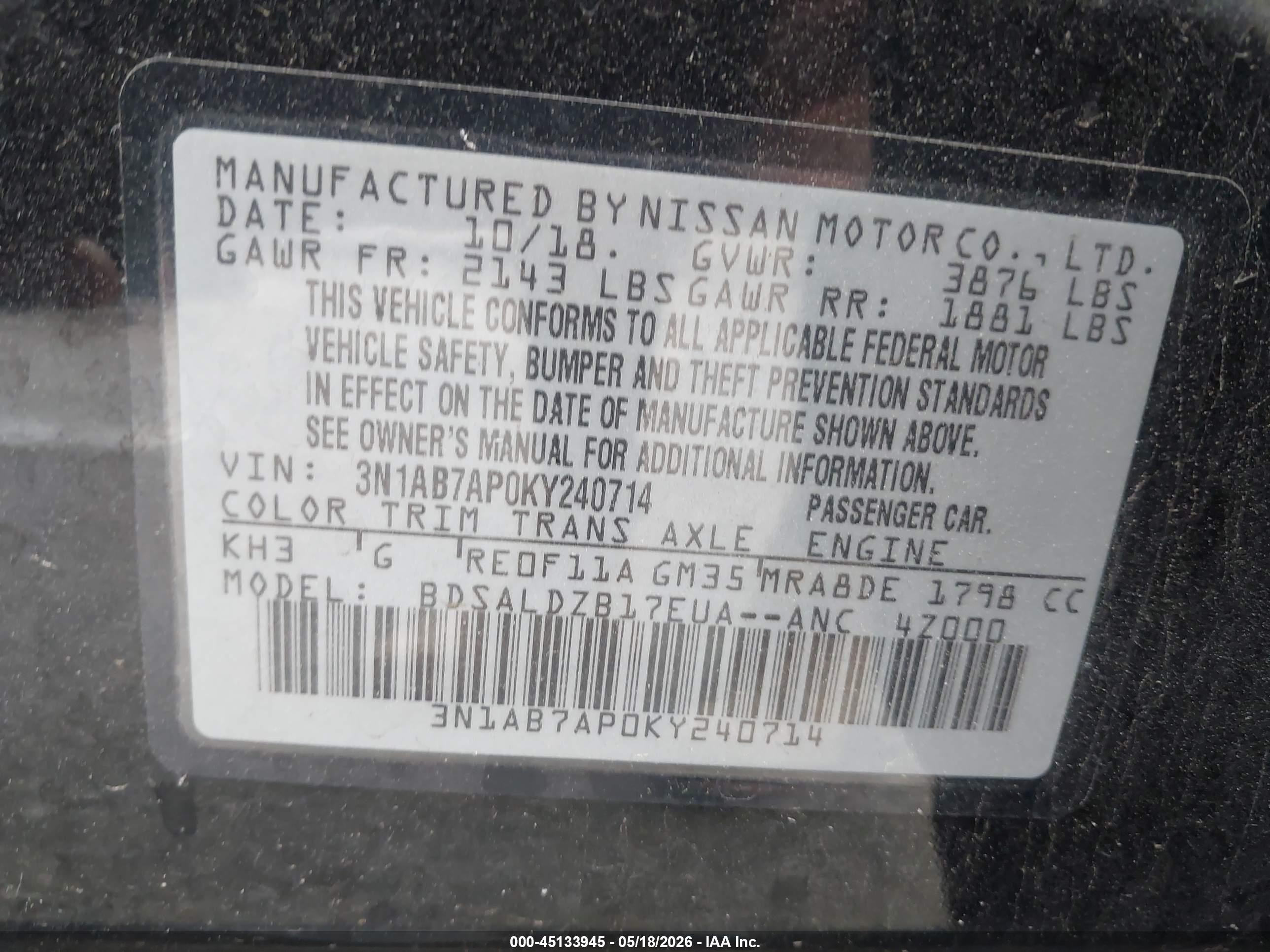 2019 Nissan Sentra Sv Черный vin: 3N1AB7AP0KY240714