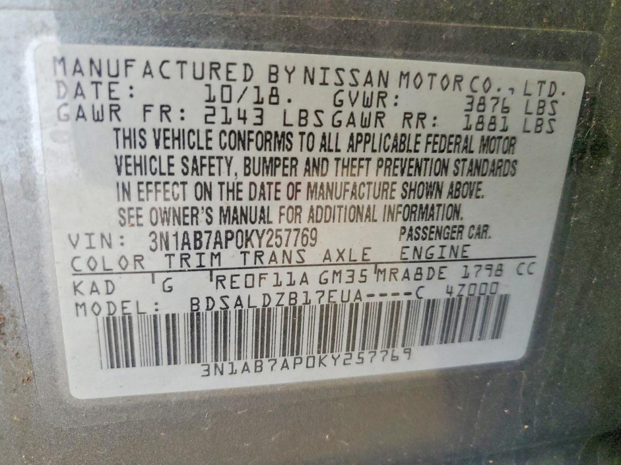 2019 Nissan Sentra Sv Gray vin: 3N1AB7AP0KY257769