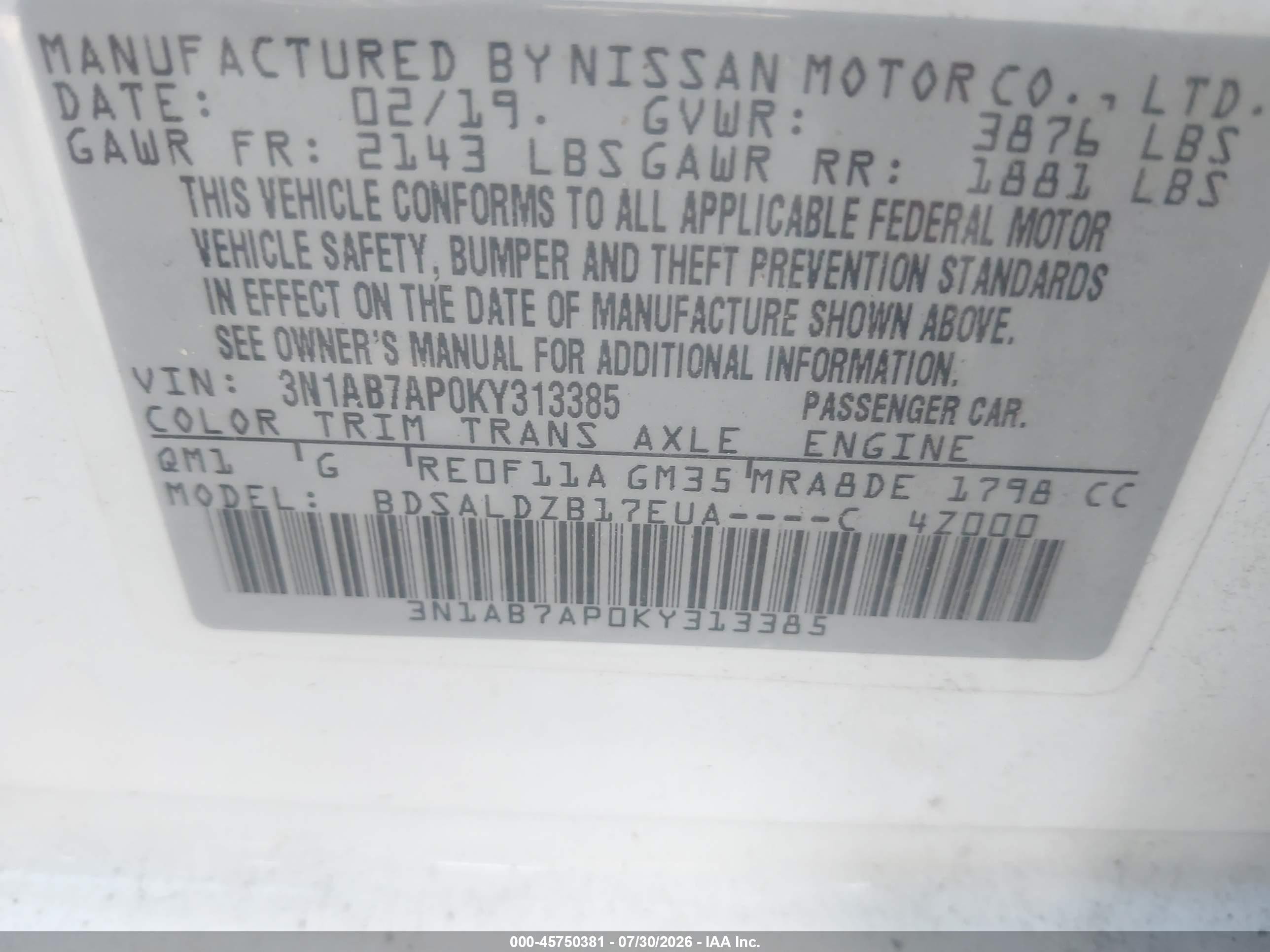2019 Nissan Sentra Sv White vin: 3N1AB7AP0KY313385