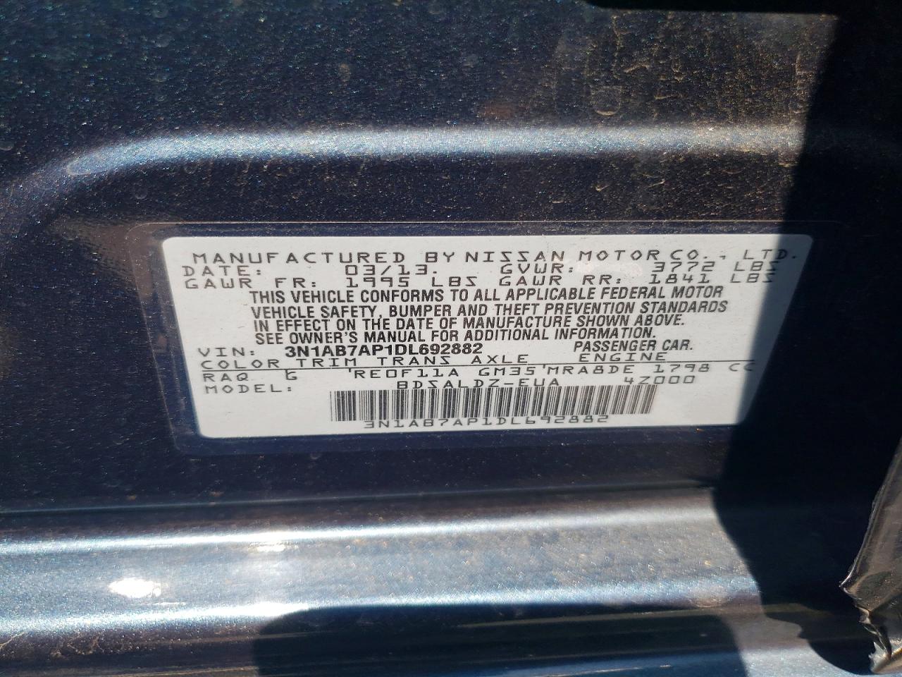 2013 Nissan Sentra S Blue vin: 3N1AB7AP1DL692882