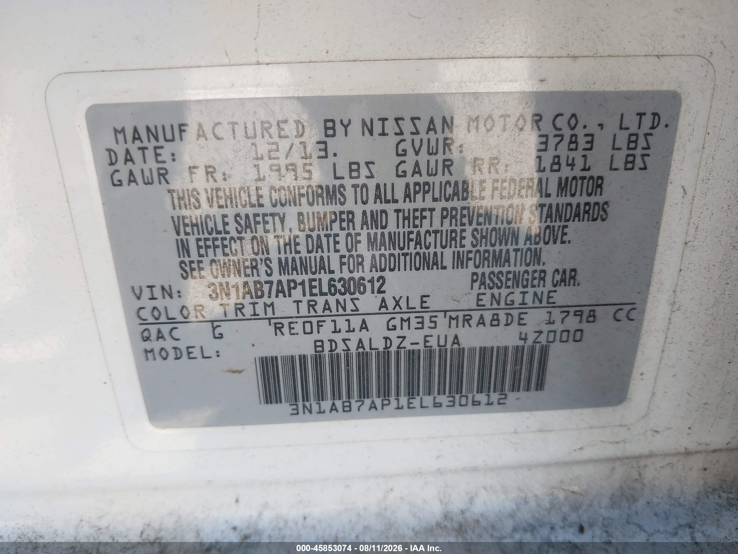 2014 Nissan Sentra Fe+ S/fe+ Sv/s/sl/sr/sv Белый vin: 3N1AB7AP1EL630612