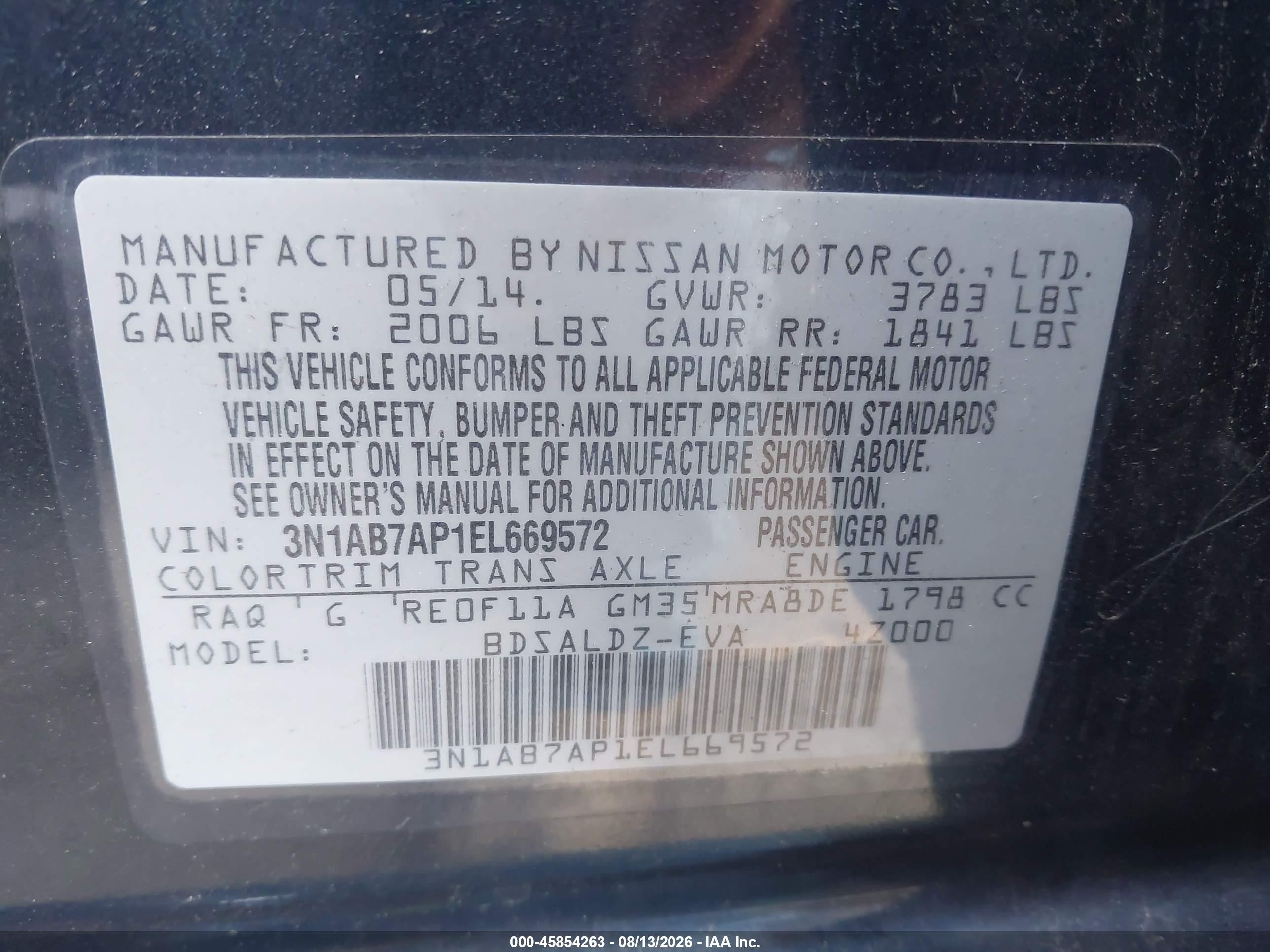 2014 Nissan Sentra Fe+ S/fe+ Sv/s/sl/sr/sv Light Blue vin: 3N1AB7AP1EL669572