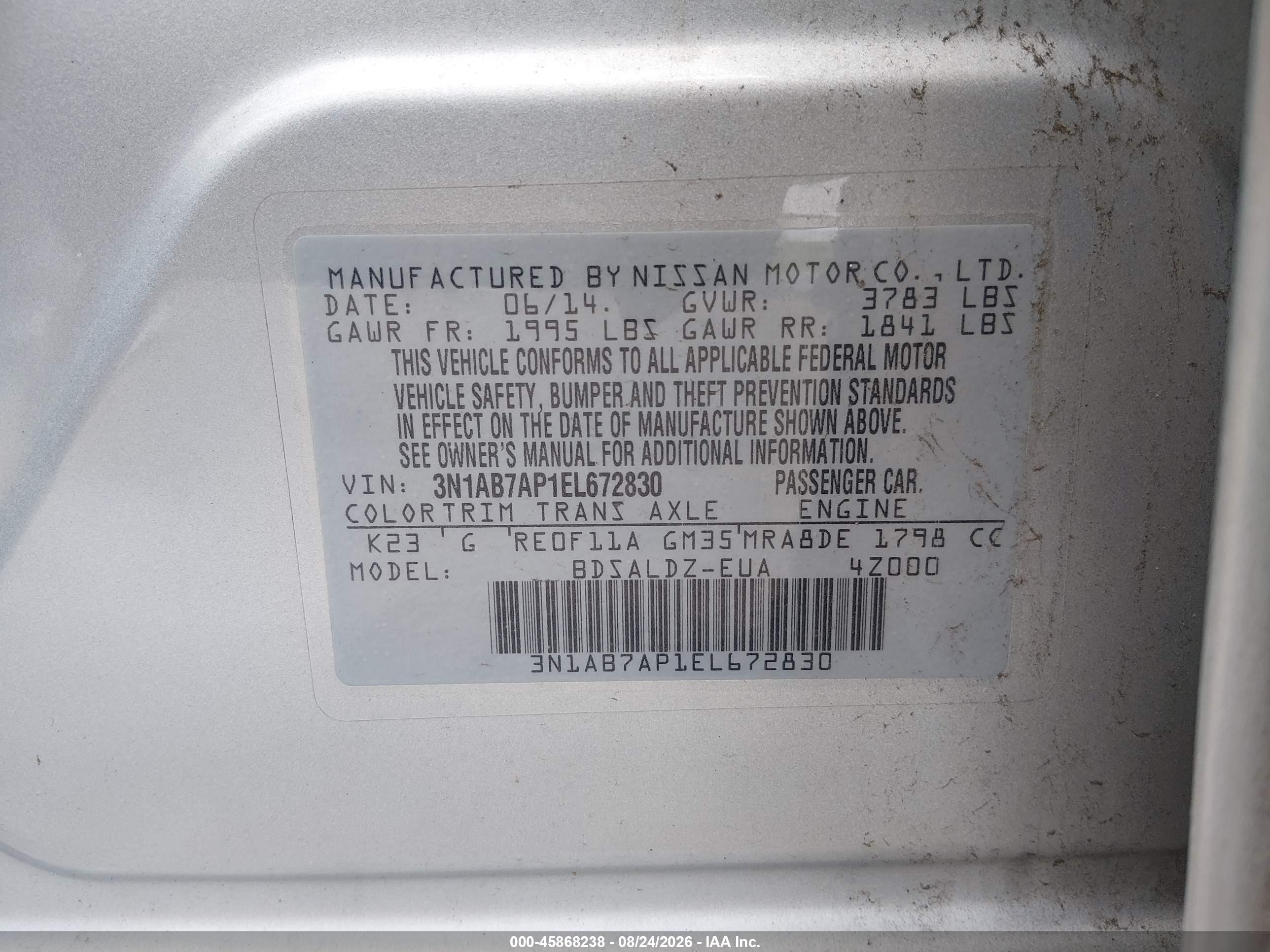 2014 Nissan Sentra Fe+ S/fe+ Sv/s/sl/sr/sv Серебряный vin: 3N1AB7AP1EL672830