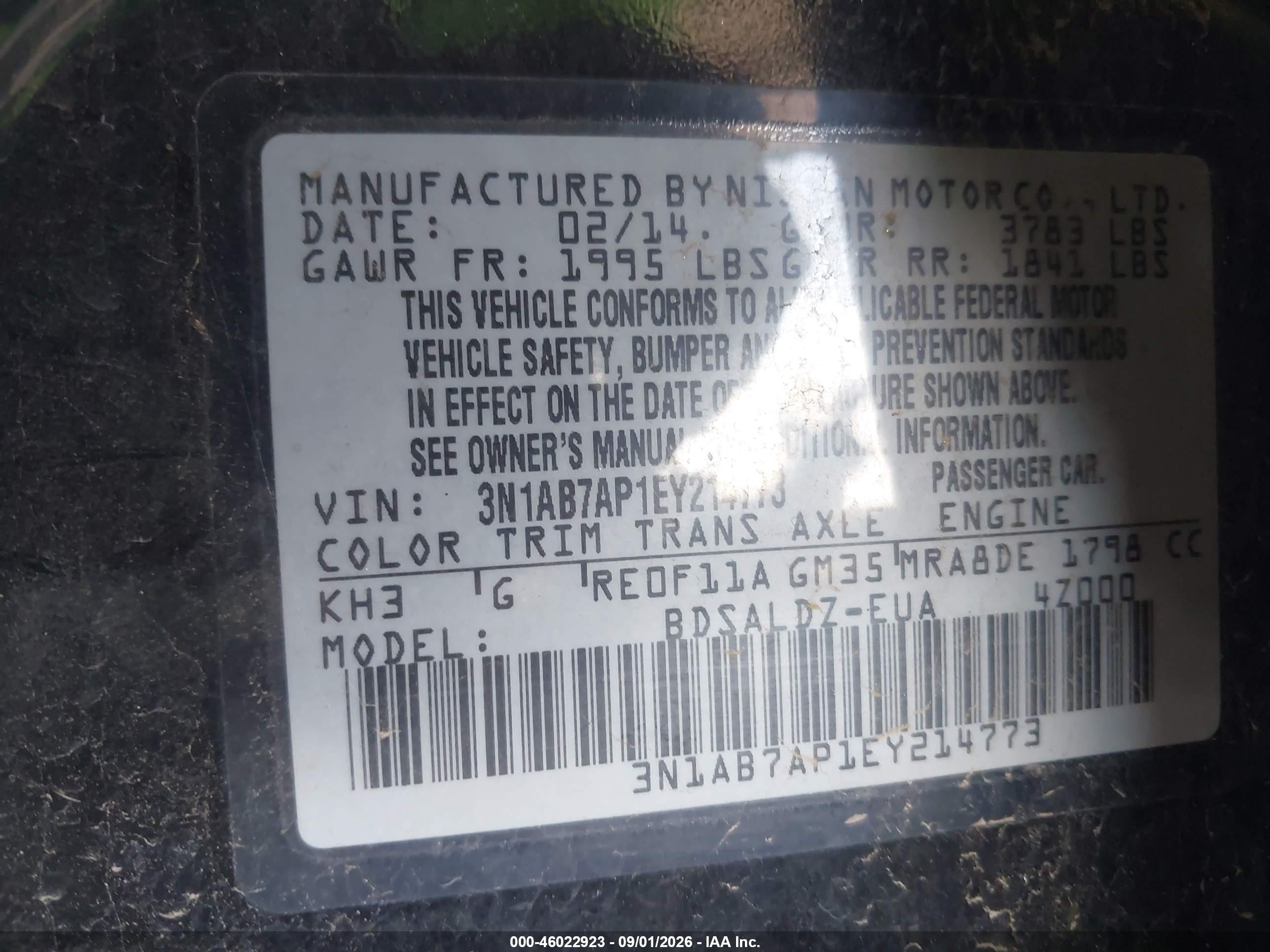 2014 Nissan Sentra Fe+ S/fe+ Sv/s/sl/sr/sv Black vin: 3N1AB7AP1EY214773