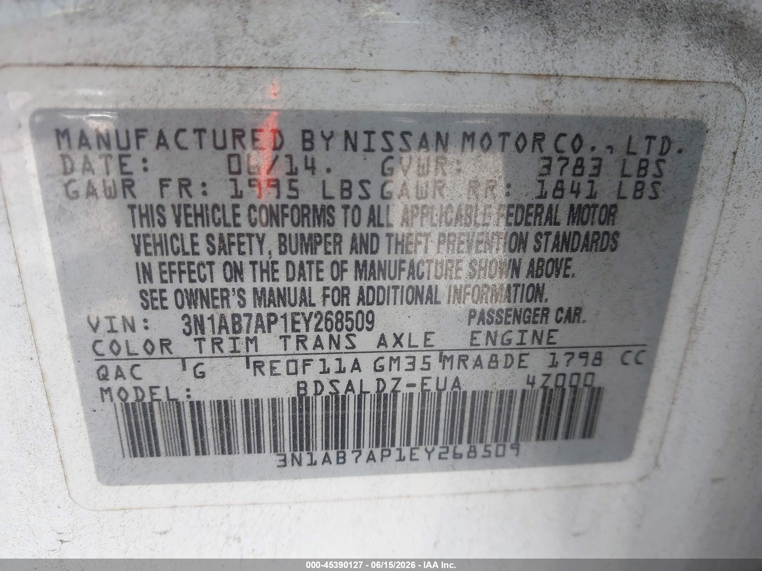 2014 Nissan Sentra Fe+ S/fe+ Sv/s/sl/sr/sv White vin: 3N1AB7AP1EY268509