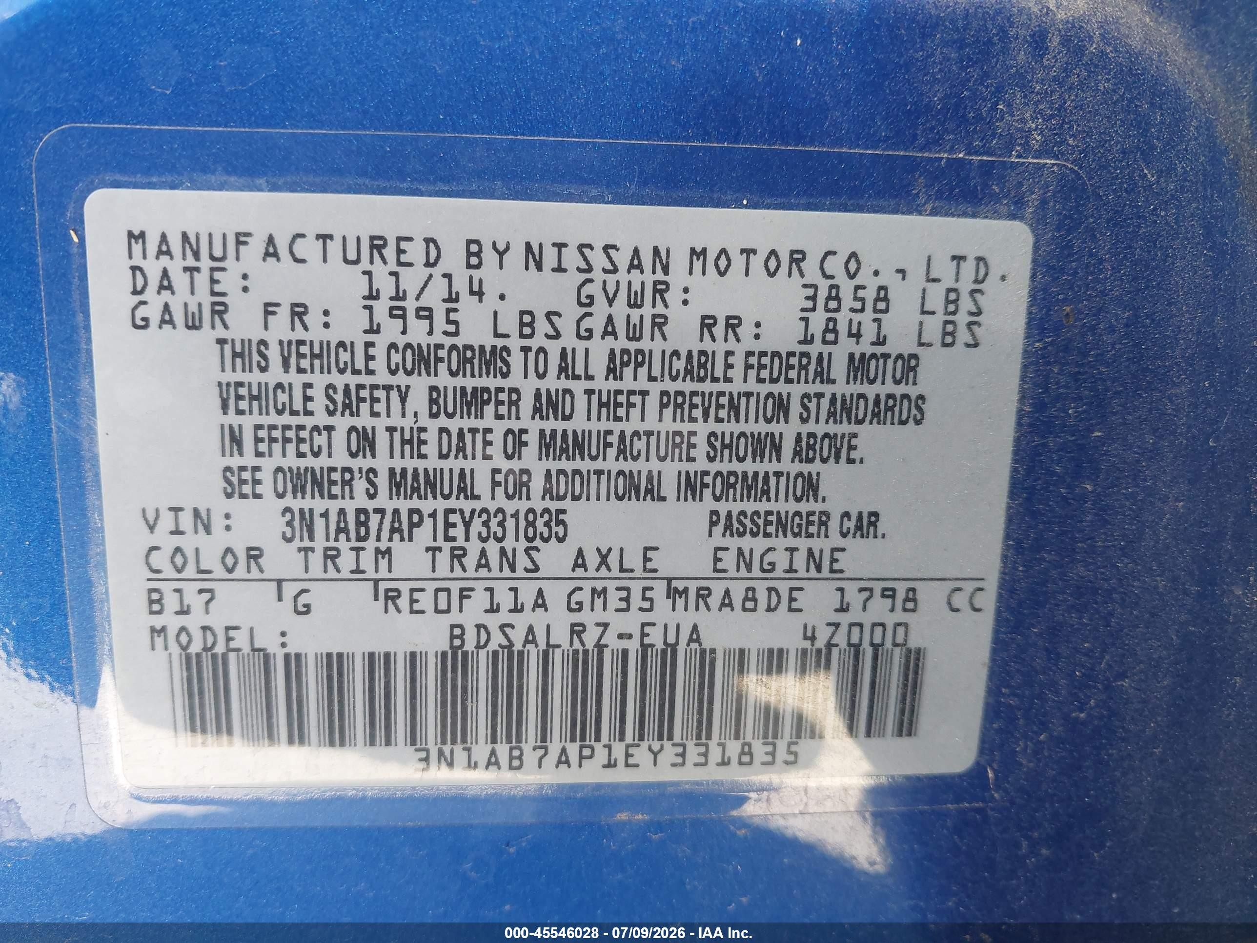 2014 Nissan Sentra Sr Blue vin: 3N1AB7AP1EY331835