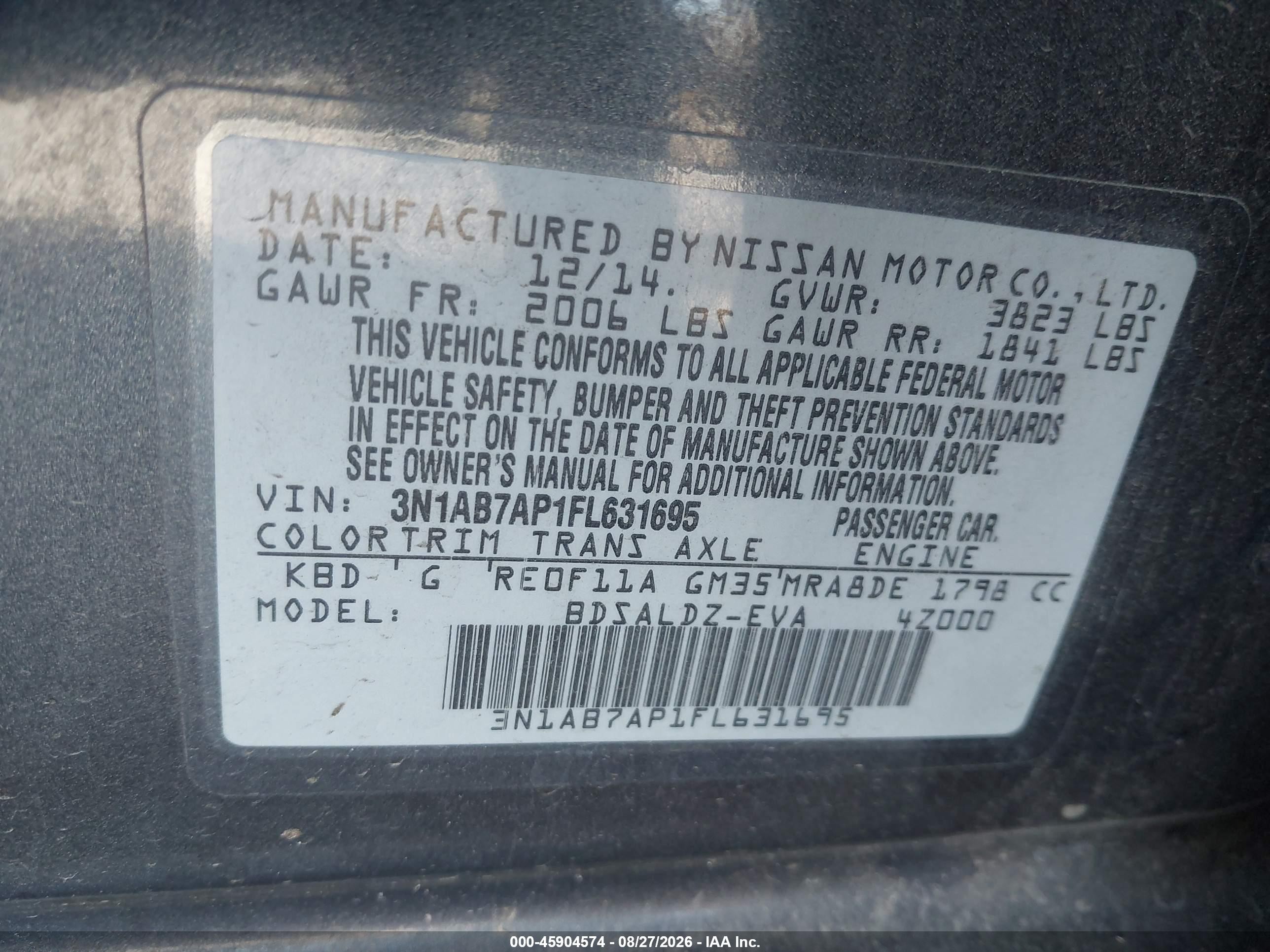 2015 Nissan Sentra Fe+ S/s/sl/sr/sv Gray vin: 3N1AB7AP1FL631695
