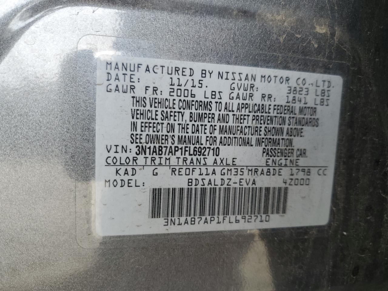 2015 Nissan Sentra S Gray vin: 3N1AB7AP1FL692710