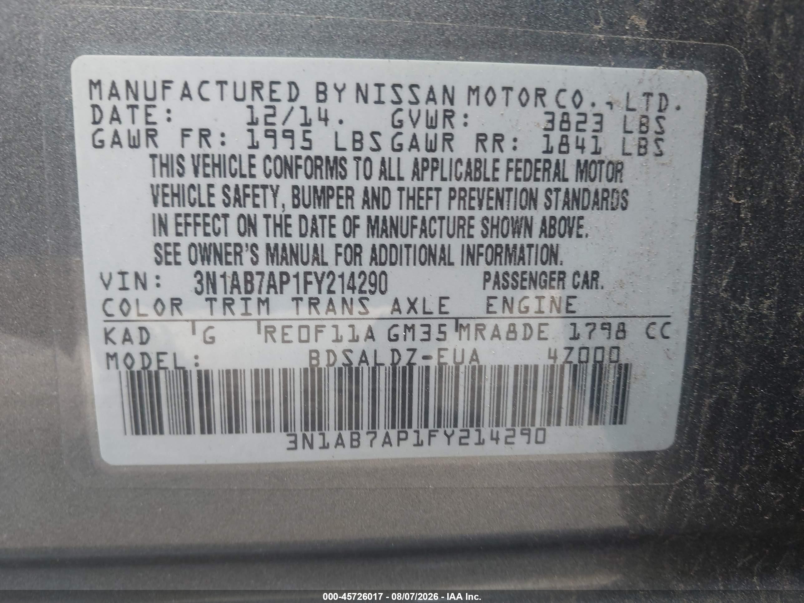 2015 Nissan Sentra Sv Gray vin: 3N1AB7AP1FY214290
