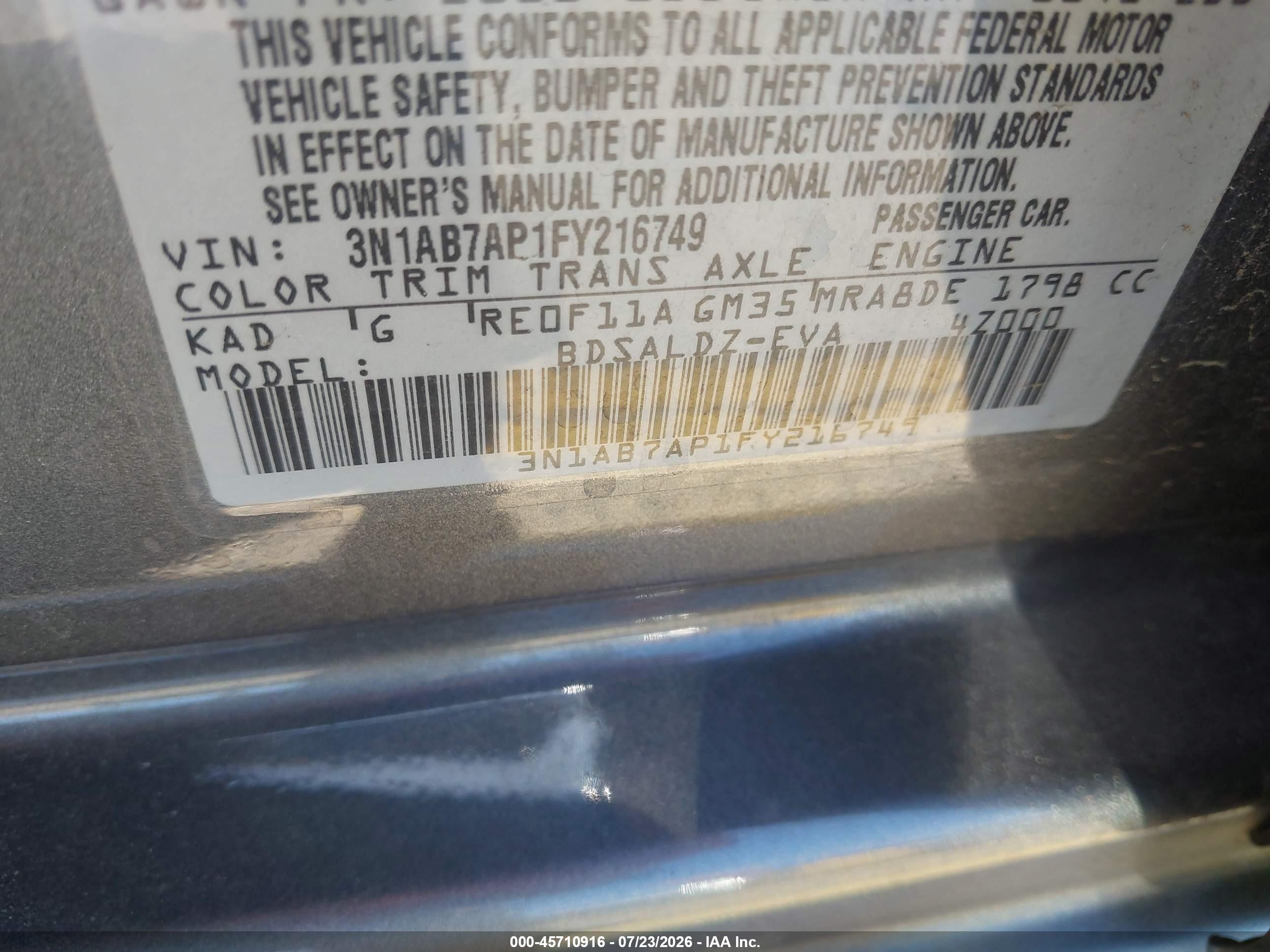 2015 Nissan Sentra Sv Gray vin: 3N1AB7AP1FY216749