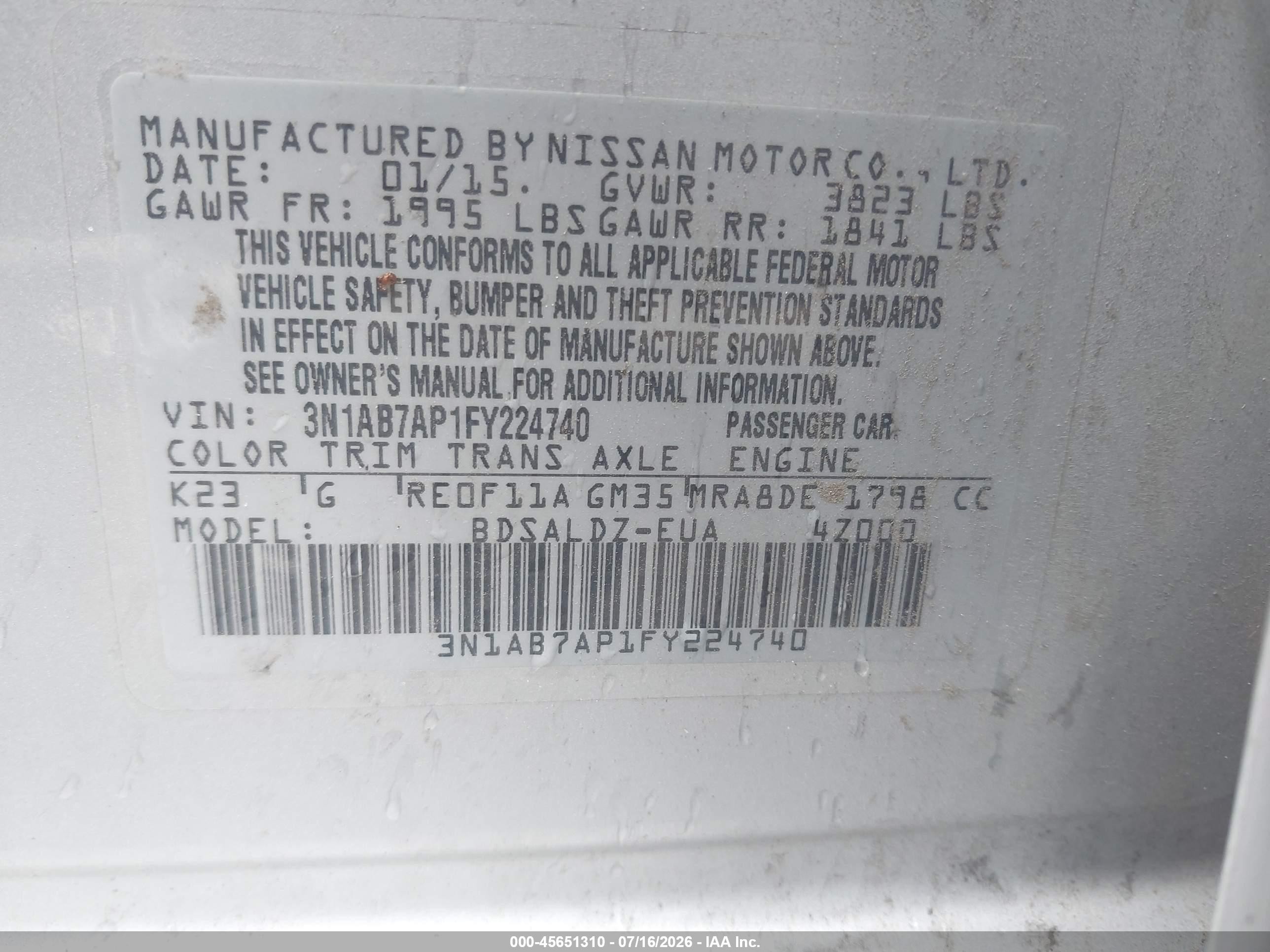 2015 Nissan Sentra Fe+ S/s/sl/sr/sv Silver vin: 3N1AB7AP1FY224740