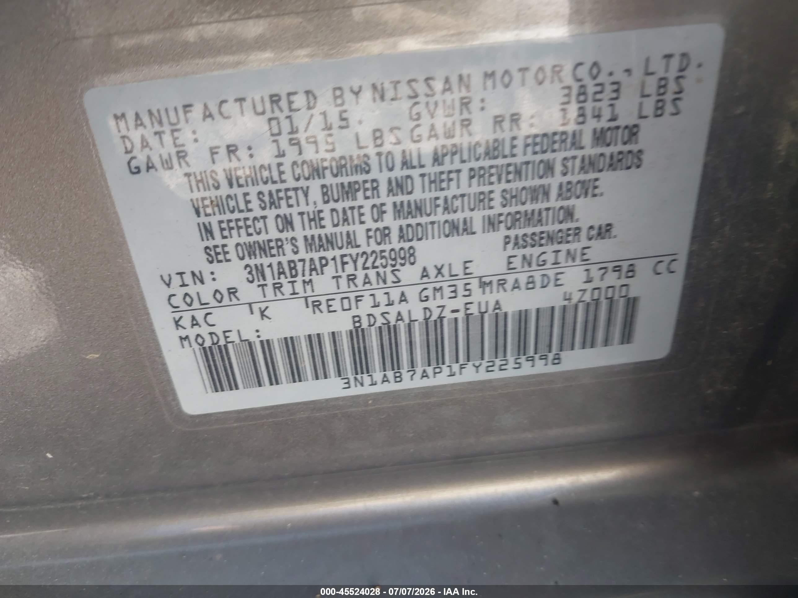 2015 Nissan Sentra Fe+ S/s/sl/sr/sv Gold vin: 3N1AB7AP1FY225998