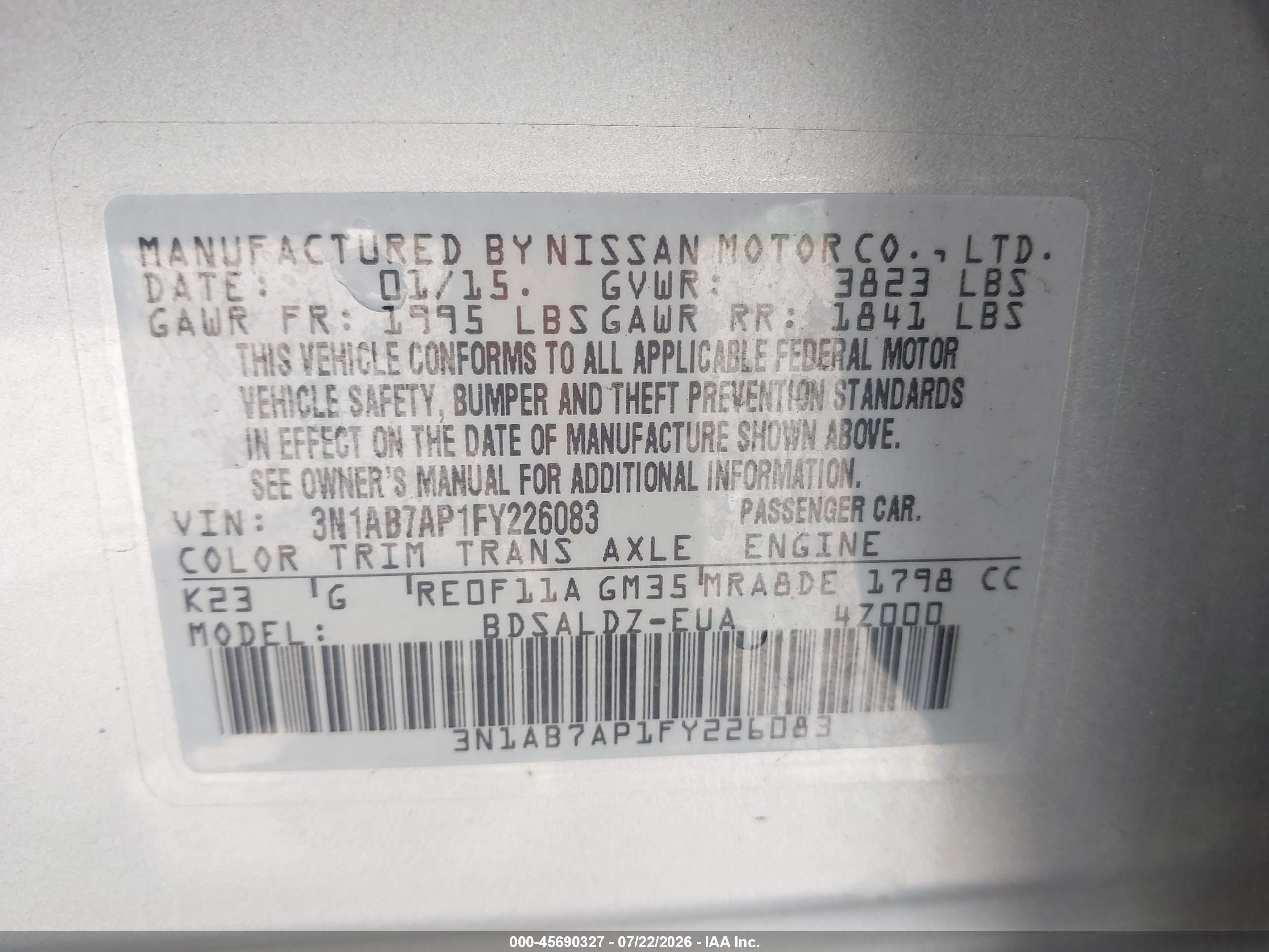 2015 Nissan Sentra Fe+ S/s/sl/sr/sv Silver vin: 3N1AB7AP1FY226083