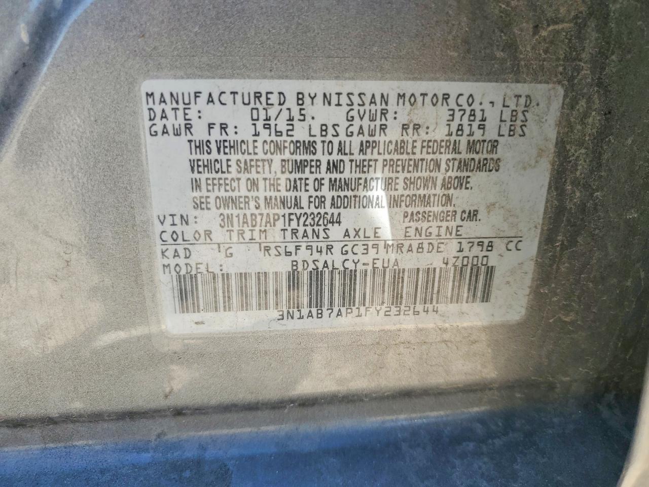 2015 Nissan Sentra S Gray vin: 3N1AB7AP1FY232644