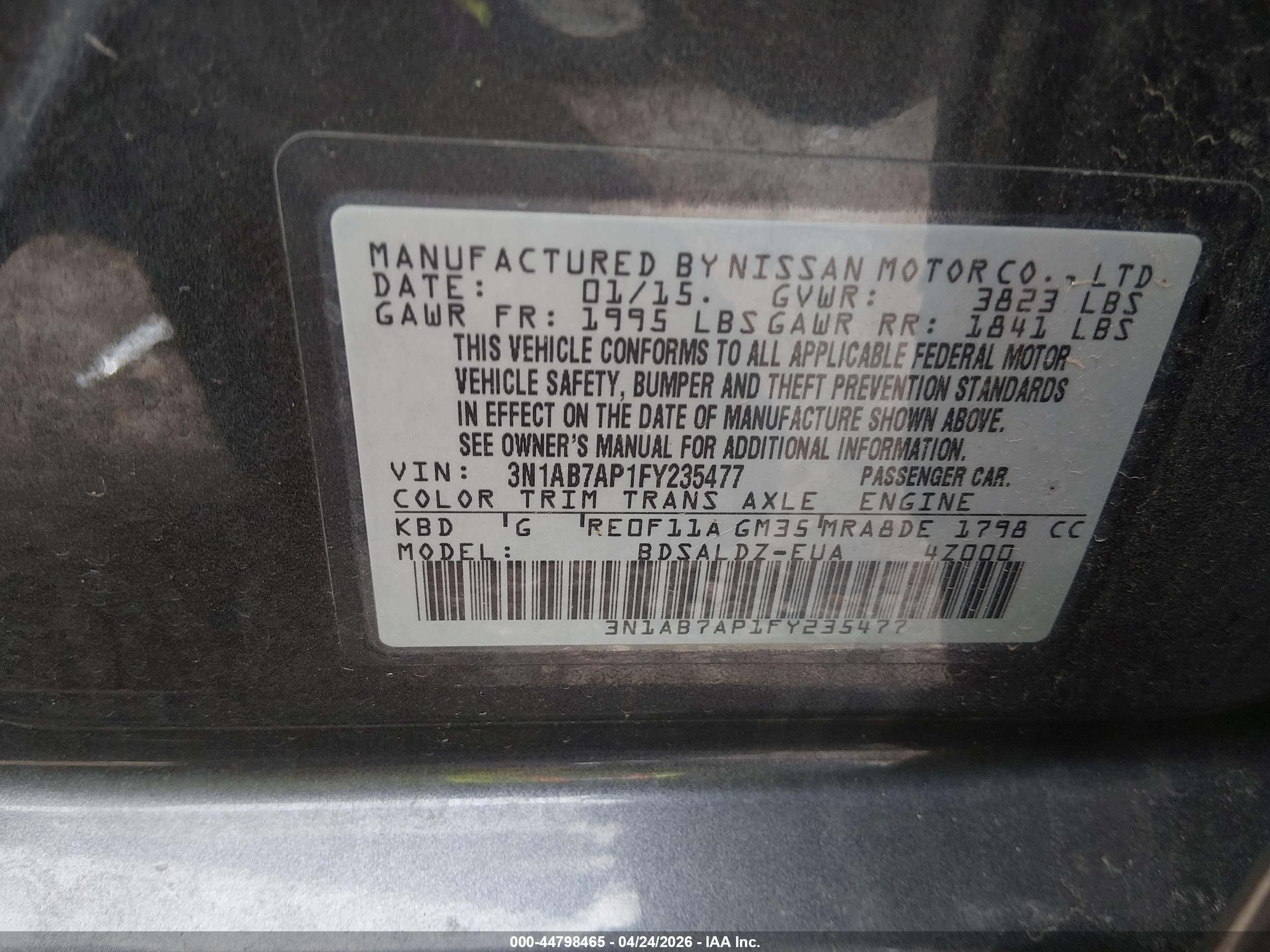 2015 Nissan Sentra Sv Gray vin: 3N1AB7AP1FY235477