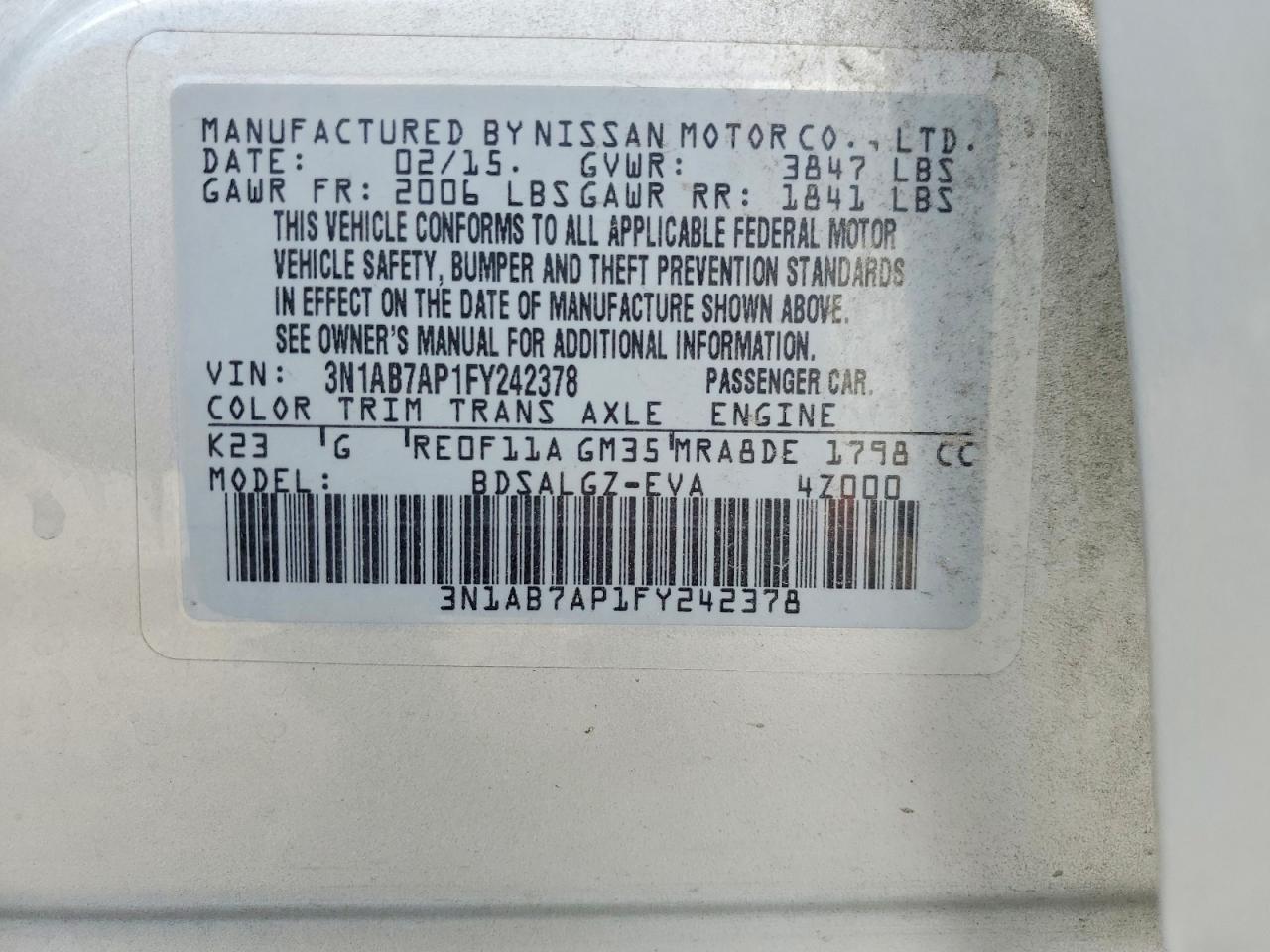 2015 Nissan Sentra Sl Silver vin: 3N1AB7AP1FY242378
