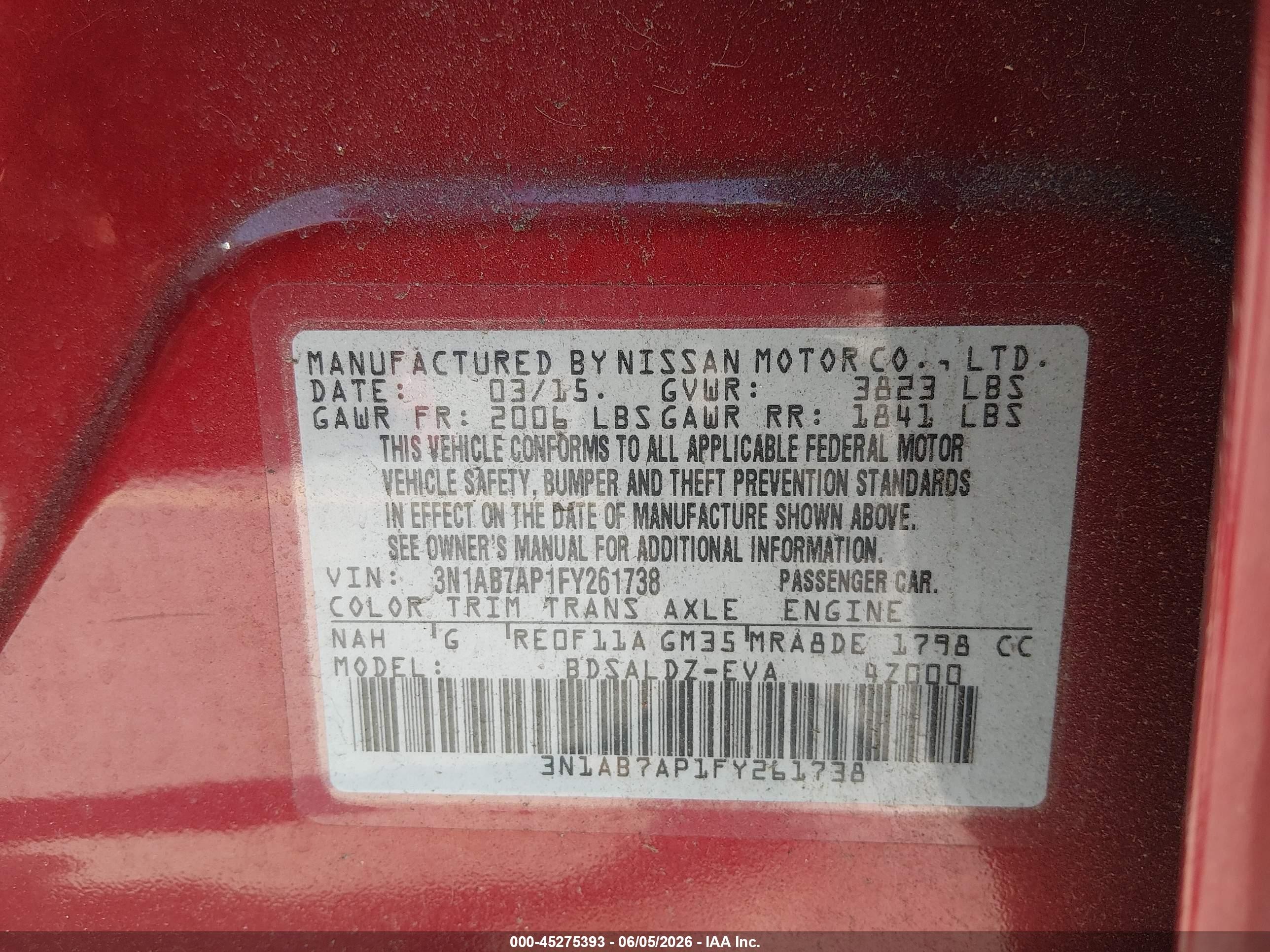 2015 Nissan Sentra Fe+ S/s/sl/sr/sv Бордовый vin: 3N1AB7AP1FY261738